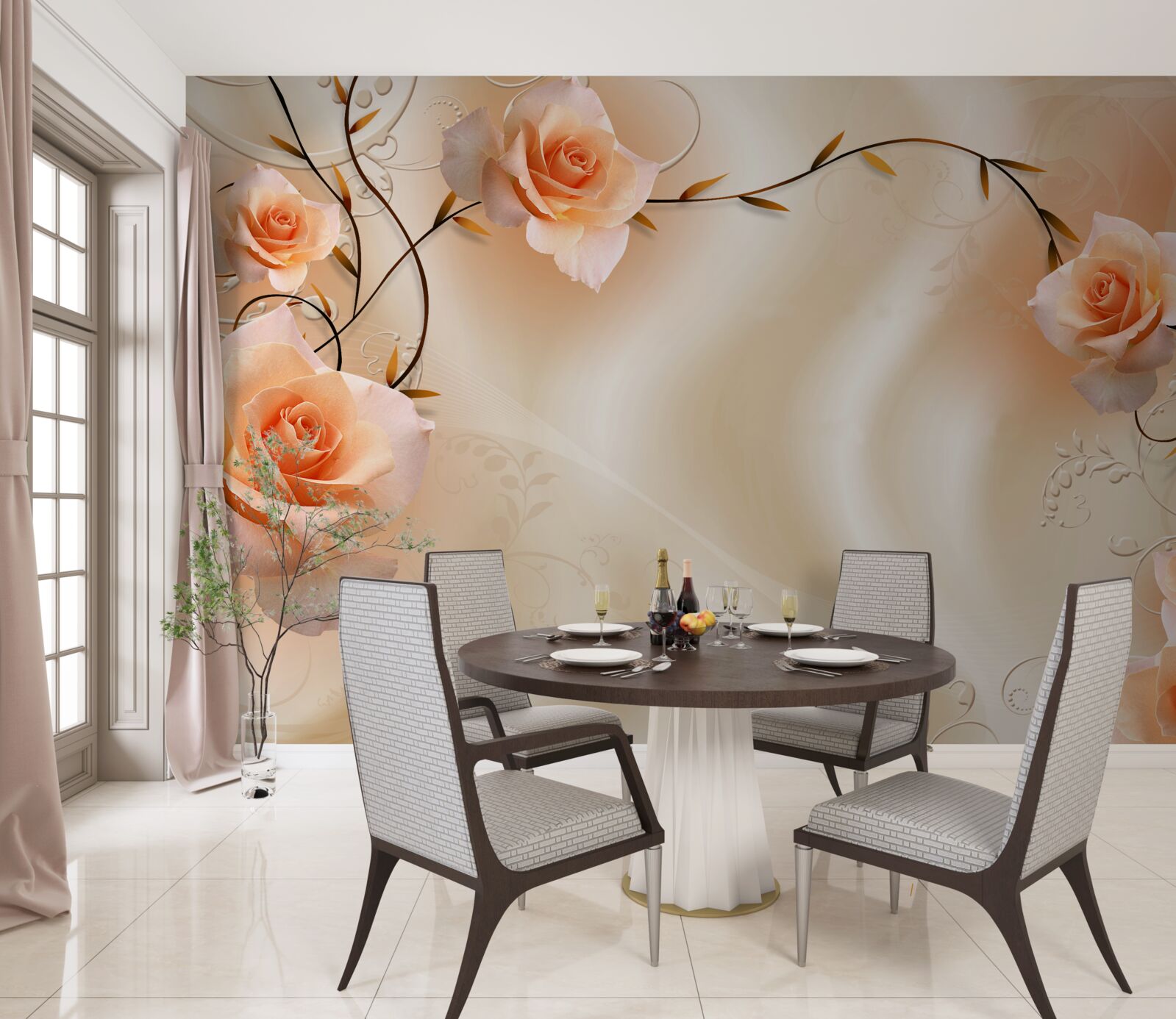 Fototapet trandafir de culoarea piersicii pe ramuri și mătase