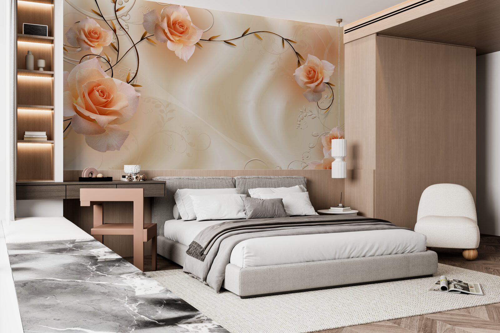 Fototapet trandafir de culoarea piersicii pe ramuri și mătase