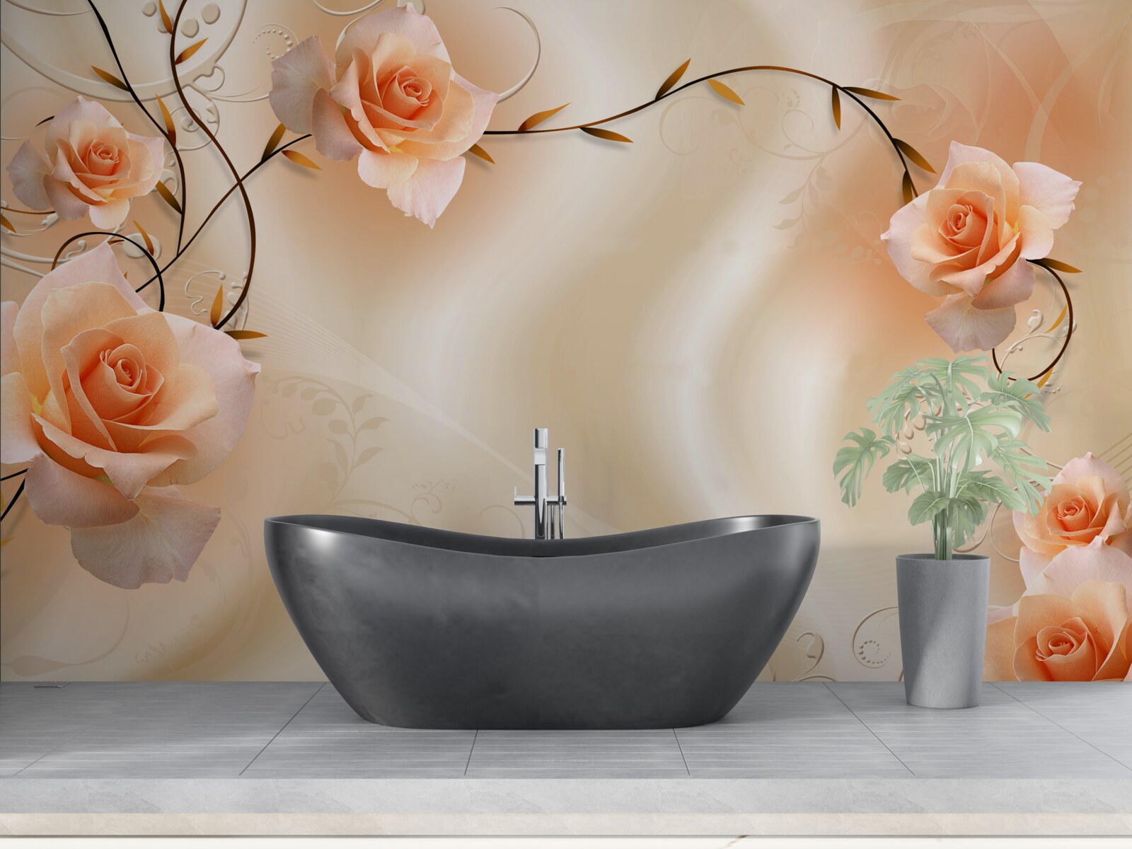 Fototapet trandafir de culoarea piersicii pe ramuri și mătase