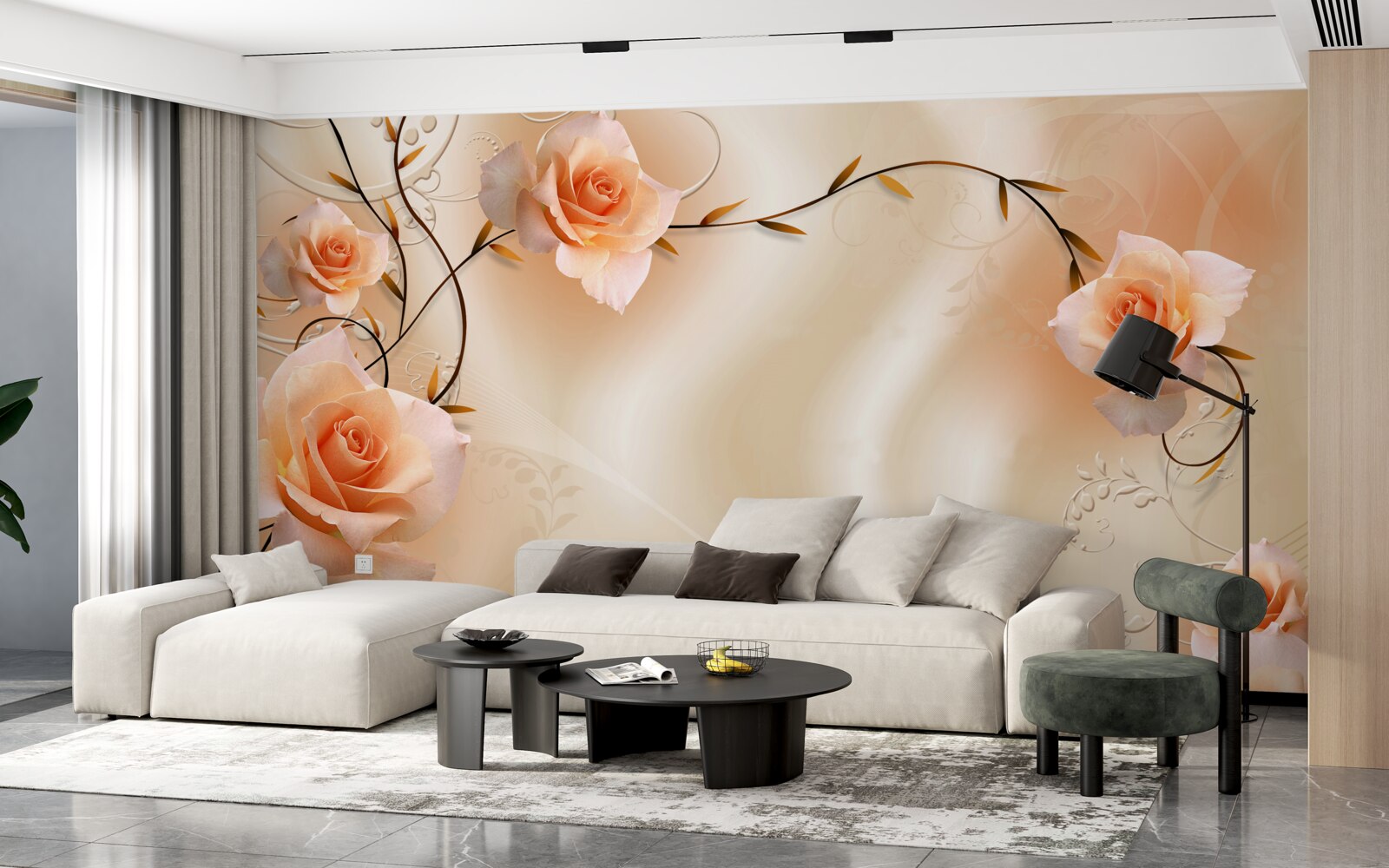 Fototapet trandafir de culoarea piersicii pe ramuri și mătase