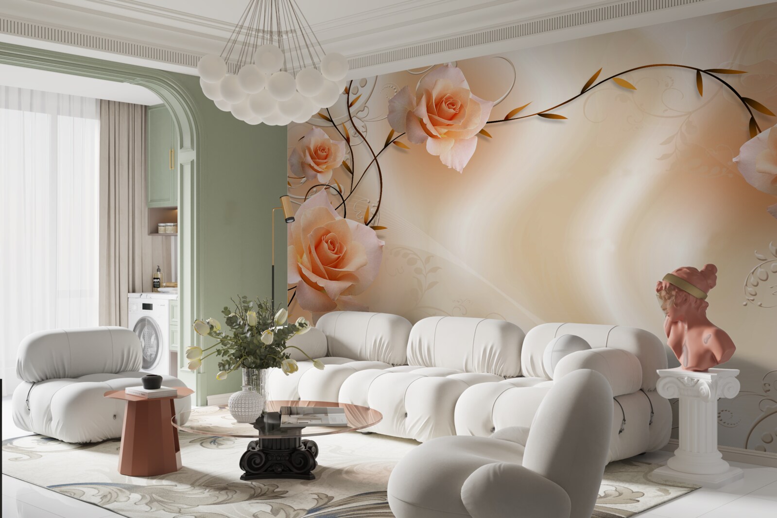 Fototapet trandafir de culoarea piersicii pe ramuri și mătase