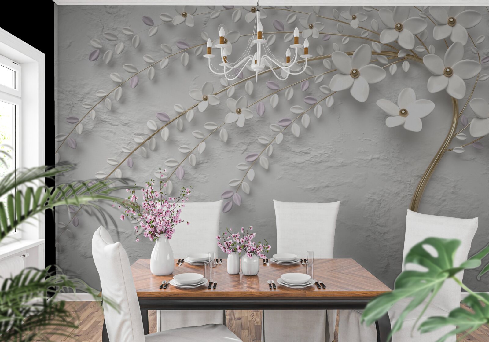 Fototapet copac de primăvară decorat cu flori albe