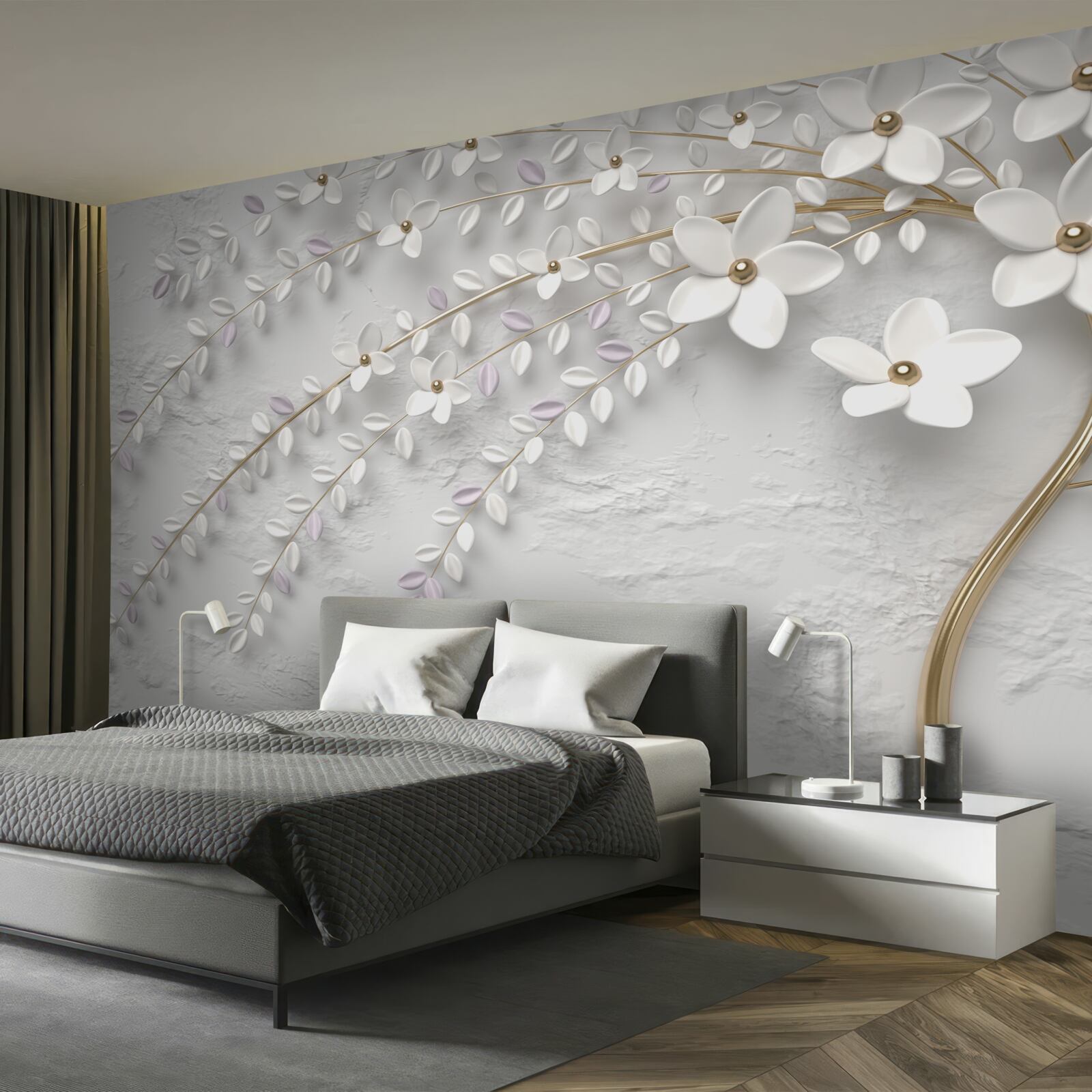 Fototapet copac de primăvară decorat cu flori albe