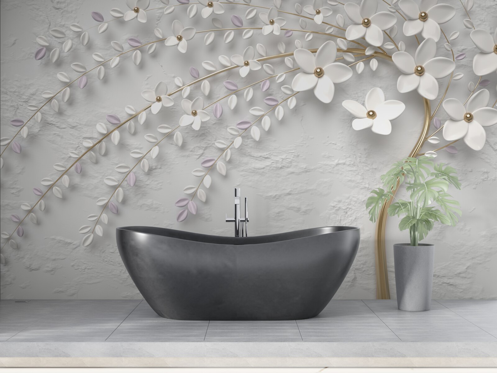 Fototapet copac de primăvară decorat cu flori albe