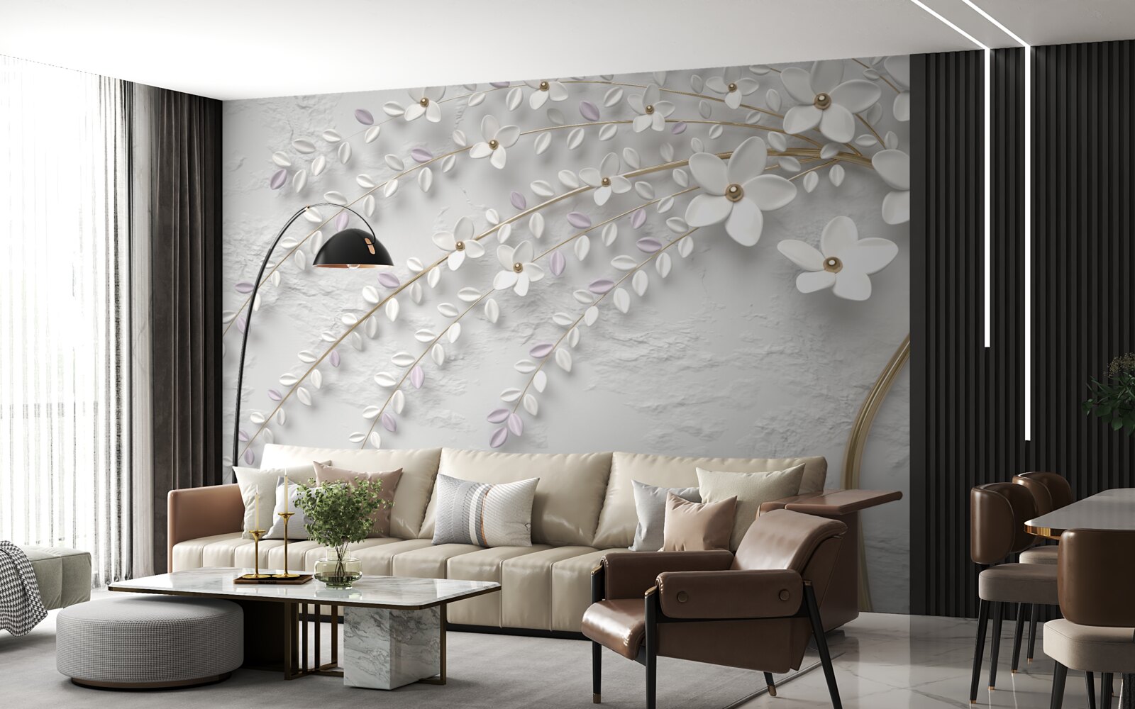 Fototapet copac de primăvară decorat cu flori albe