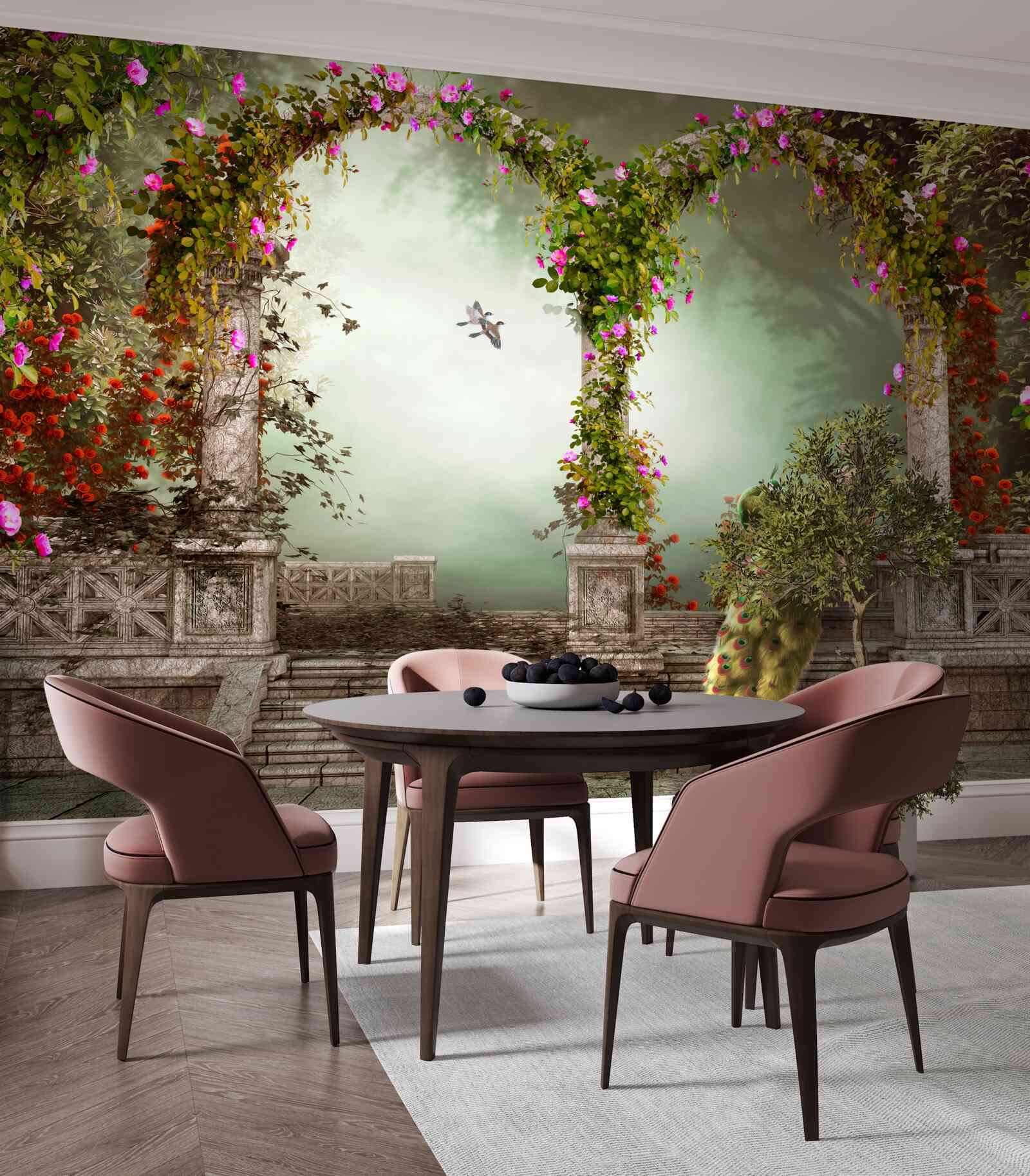 Fototapet păun în arcuri verzi acoperite cu frunze