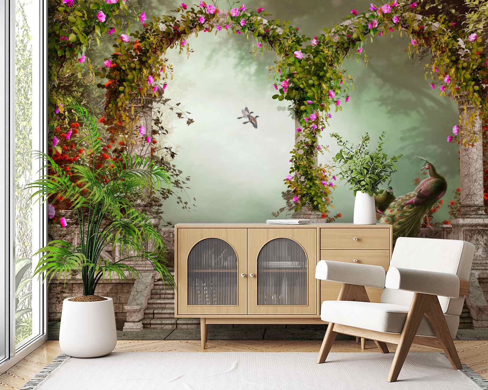 Fototapet păun în arcuri verzi acoperite cu frunze