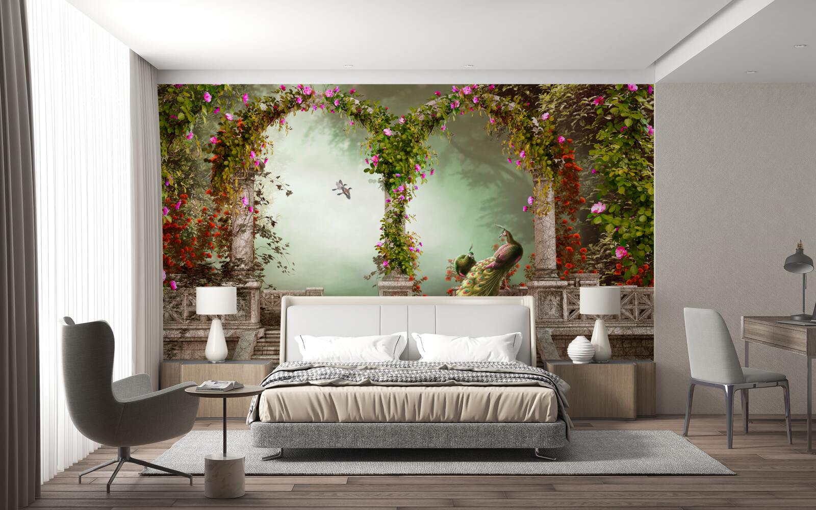 Fototapet păun în arcuri verzi acoperite cu frunze