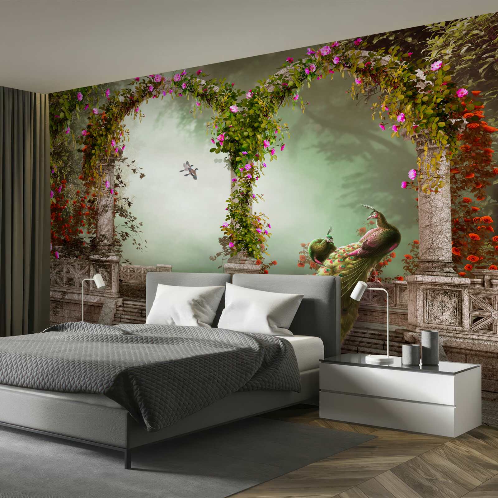 Fototapet păun în arcuri verzi acoperite cu frunze