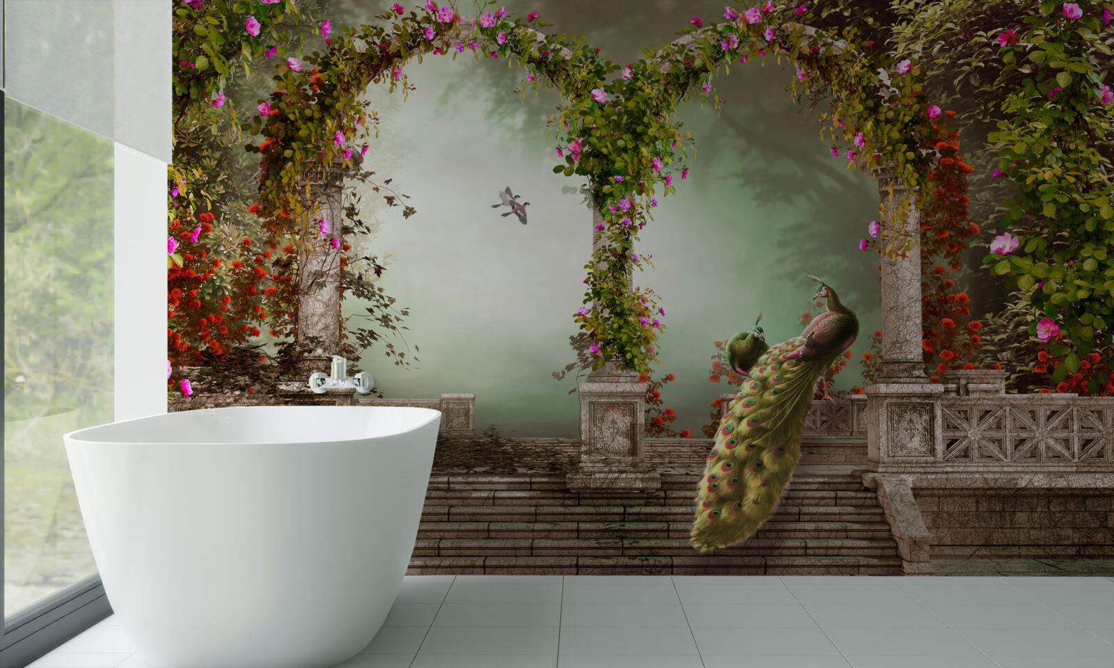 Fototapet păun în arcuri verzi acoperite cu frunze