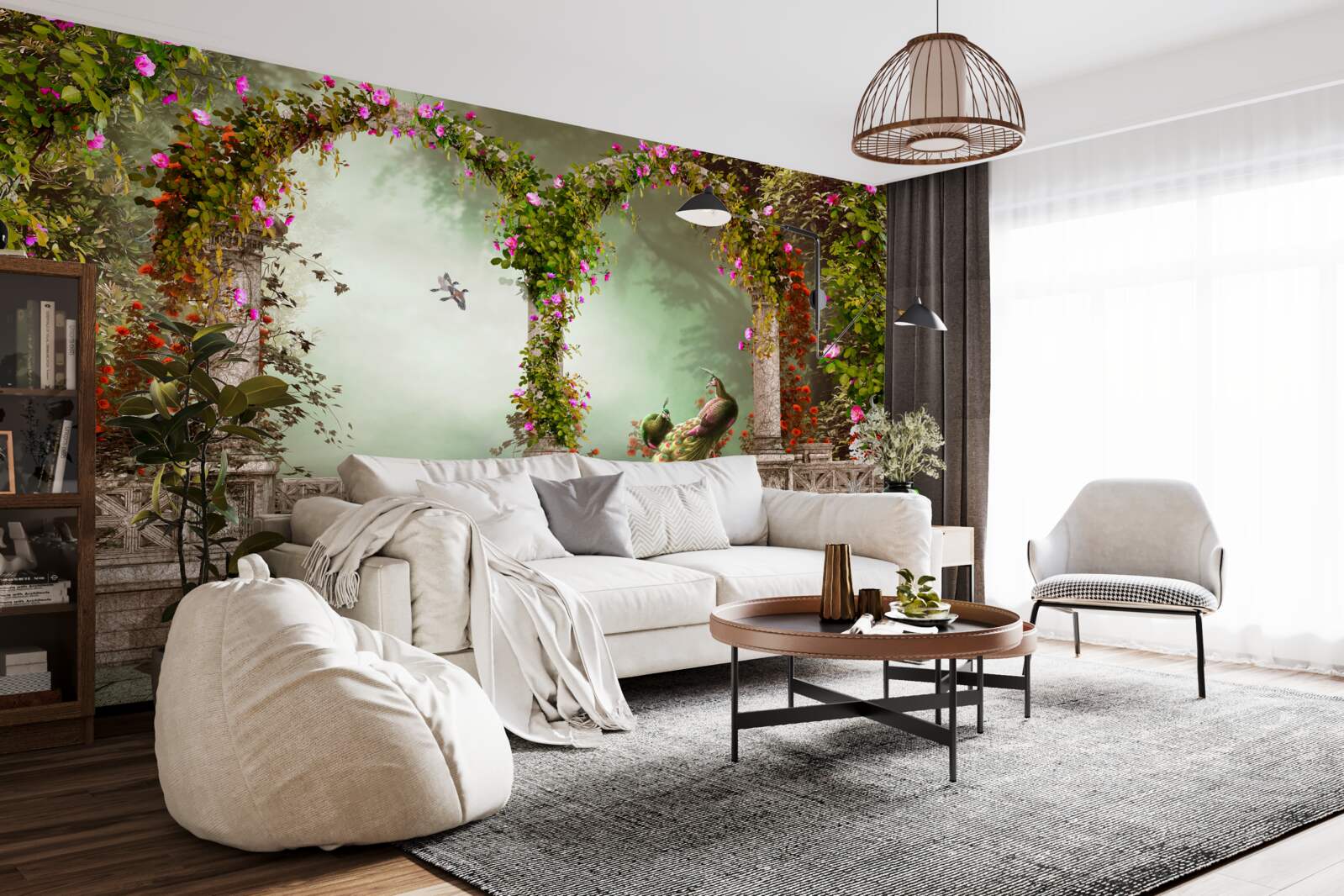 Fototapet păun în arcuri verzi acoperite cu frunze