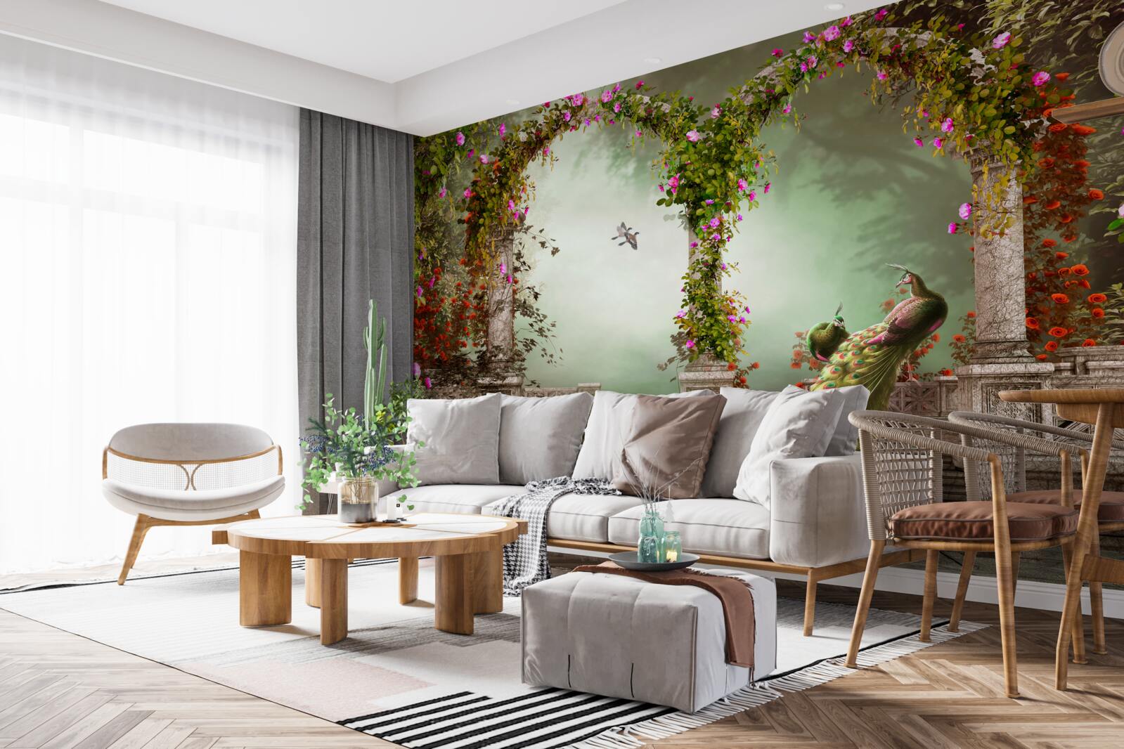 Fototapet păun în arcuri verzi acoperite cu frunze