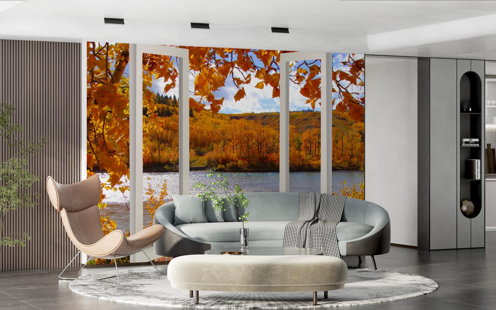 Fototapet vedere a pădurii de toamnă de la fereastră