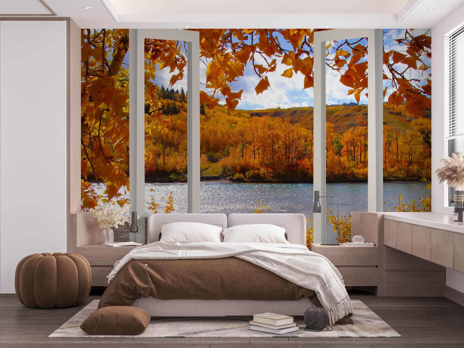 Fototapet vedere a pădurii de toamnă de la fereastră