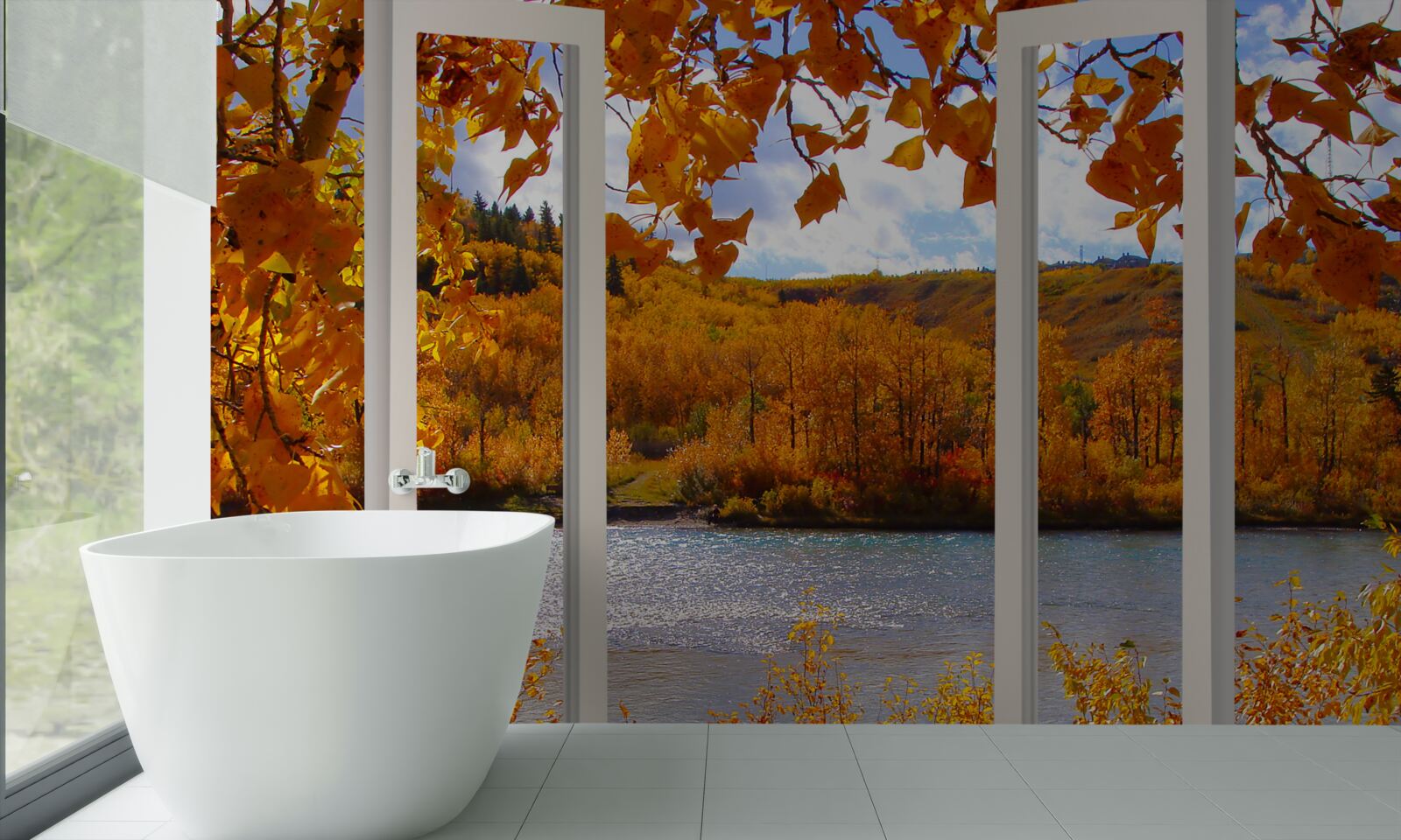 Fototapet vedere a pădurii de toamnă de la fereastră