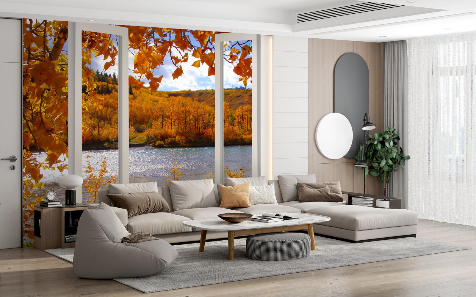 Fototapet vedere a pădurii de toamnă de la fereastră