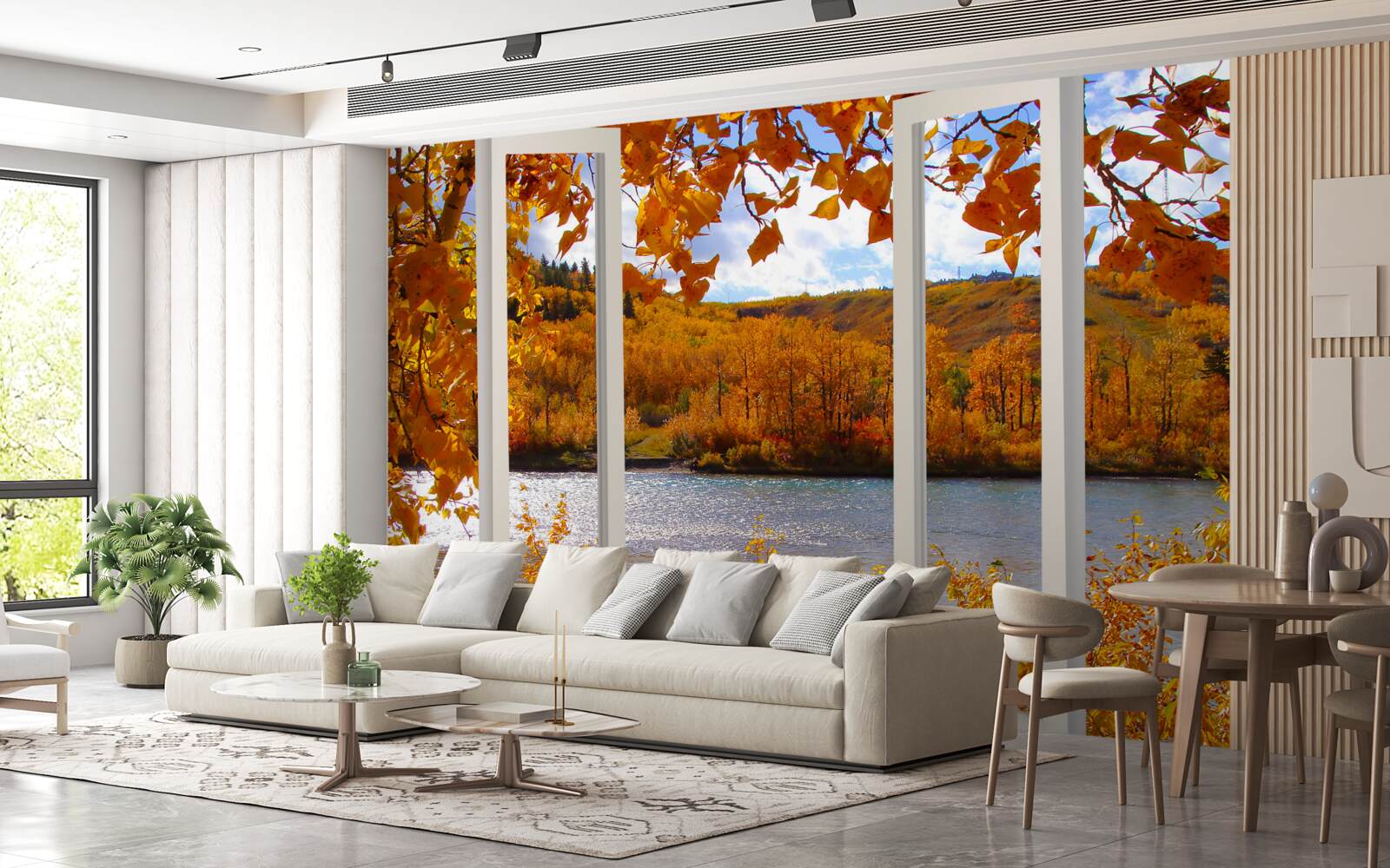 Fototapet vedere a pădurii de toamnă de la fereastră