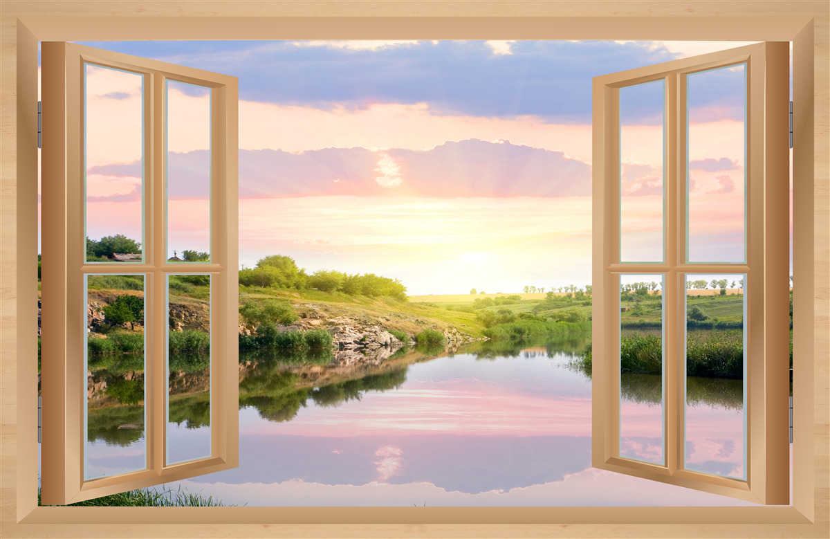 Fototapet vedere de la fereastră pe apă calmă și pajiști verzi