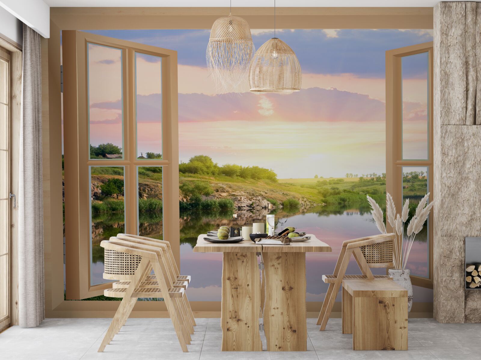 Fototapet vedere de la fereastră pe apă calmă și pajiști verzi