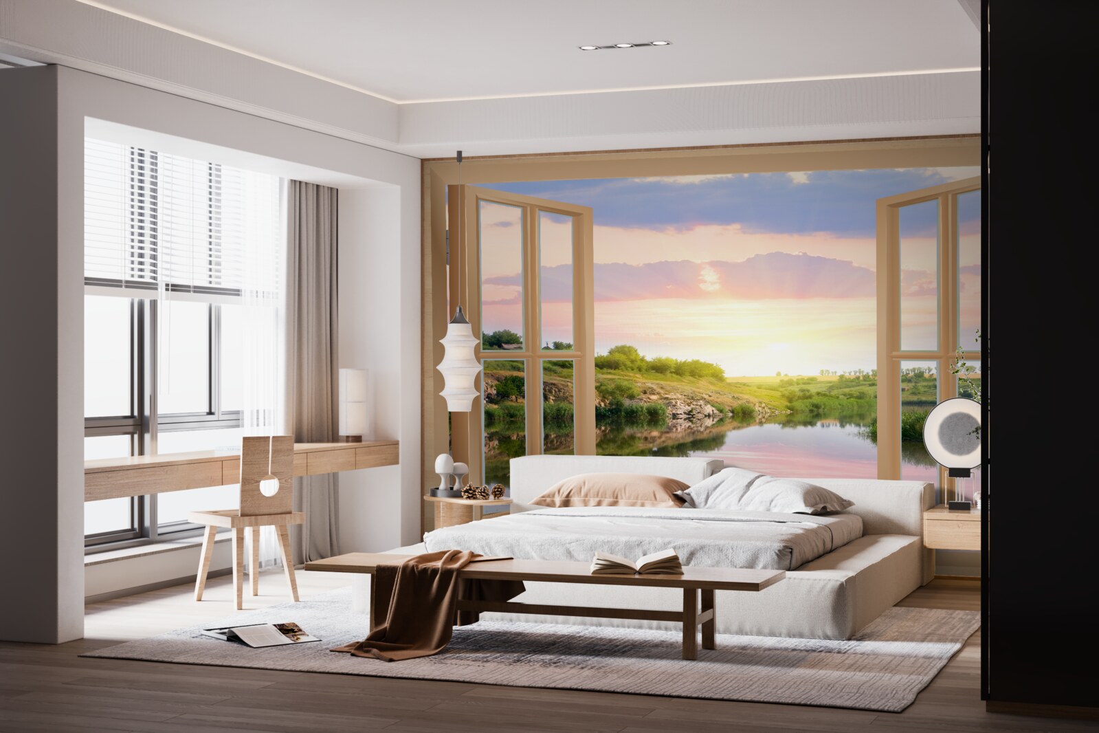 Fototapet vedere de la fereastră pe apă calmă și pajiști verzi