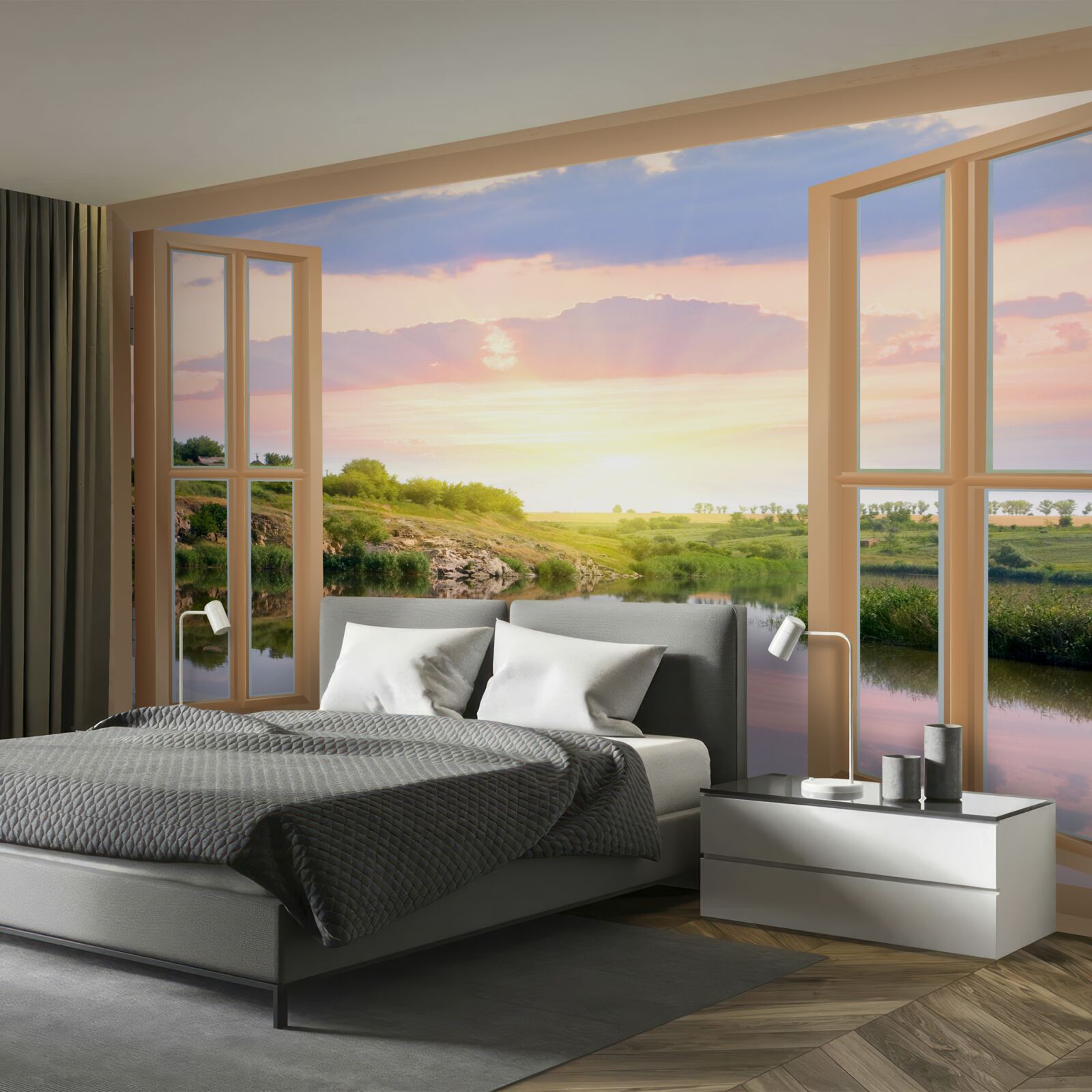 Fototapet vedere de la fereastră pe apă calmă și pajiști verzi