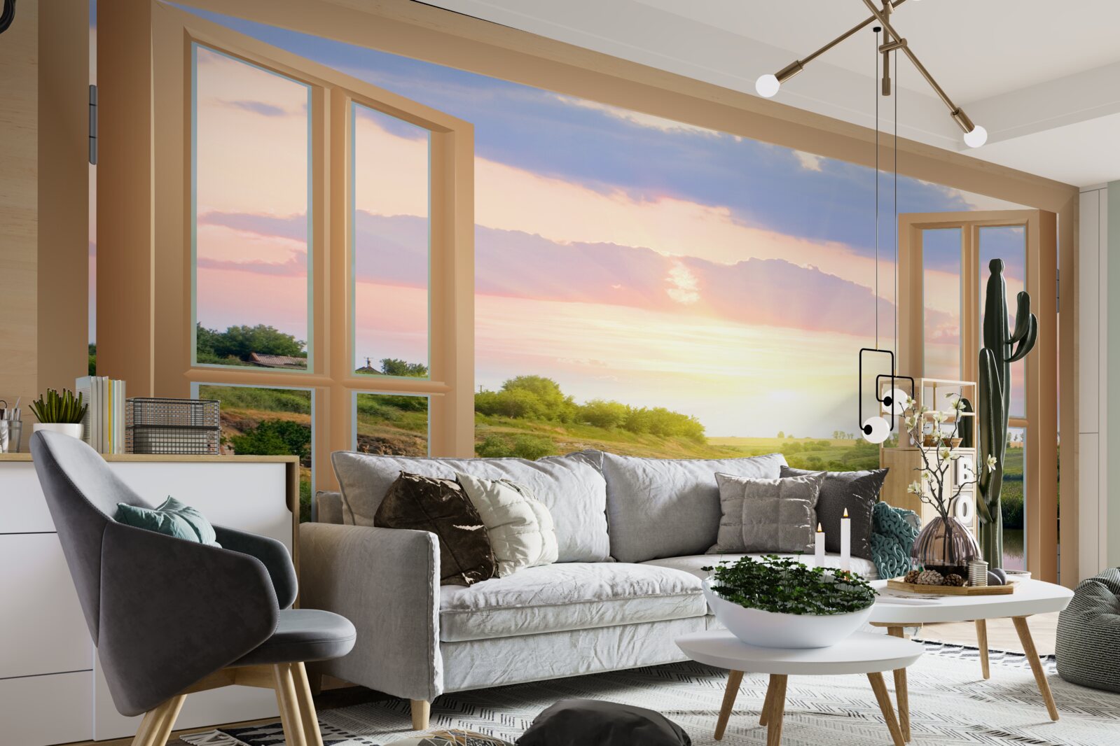 Fototapet vedere de la fereastră pe apă calmă și pajiști verzi