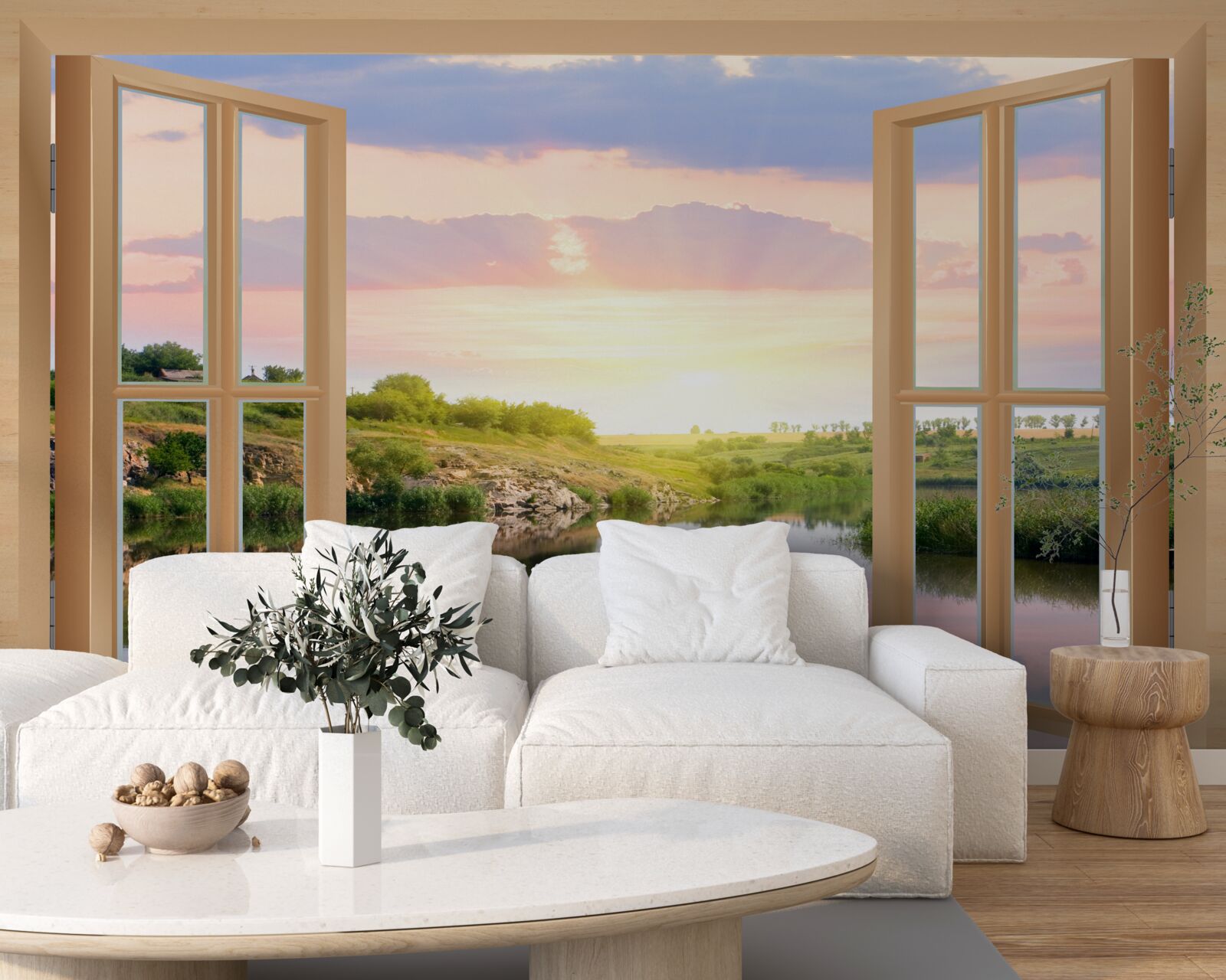 Fototapet vedere de la fereastră pe apă calmă și pajiști verzi