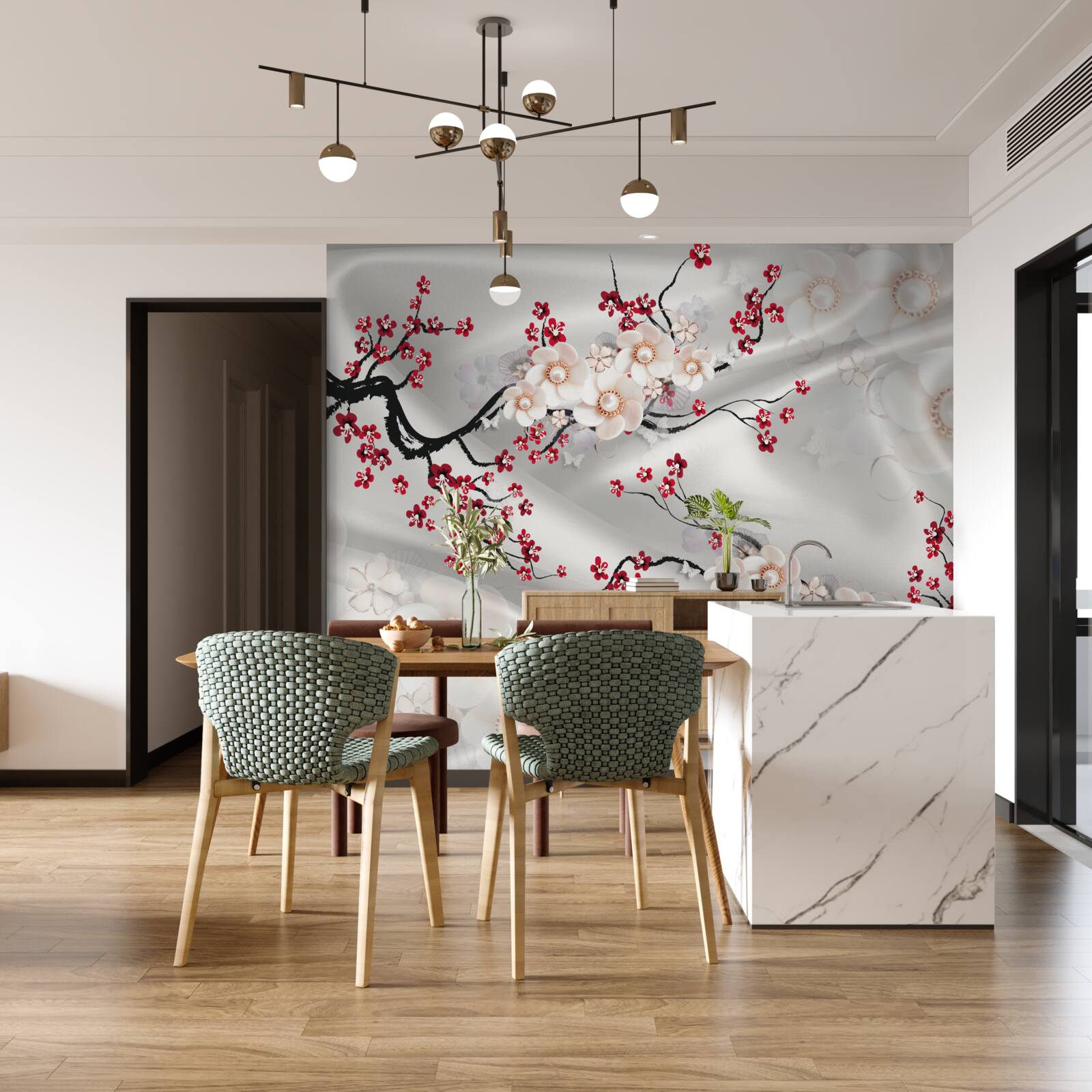 Fototapet flori au înflorit pe ramurile sakura roșii