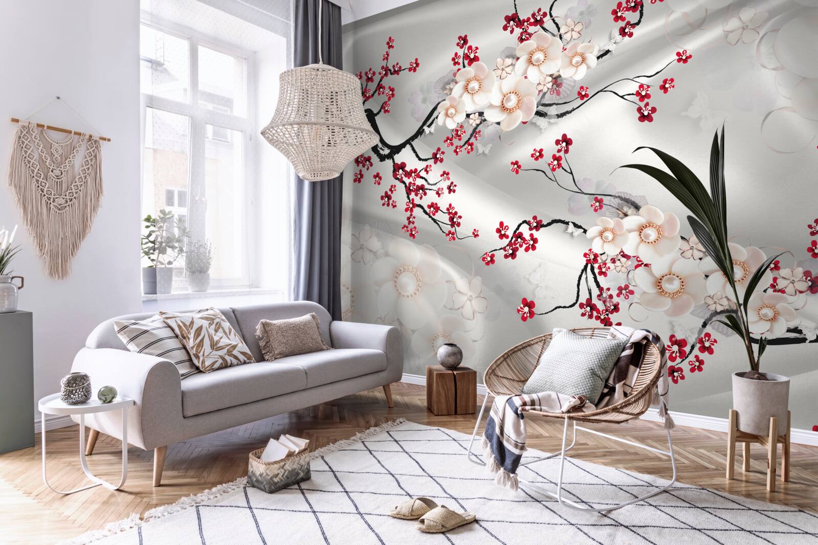 Fototapet flori au înflorit pe ramurile sakura roșii