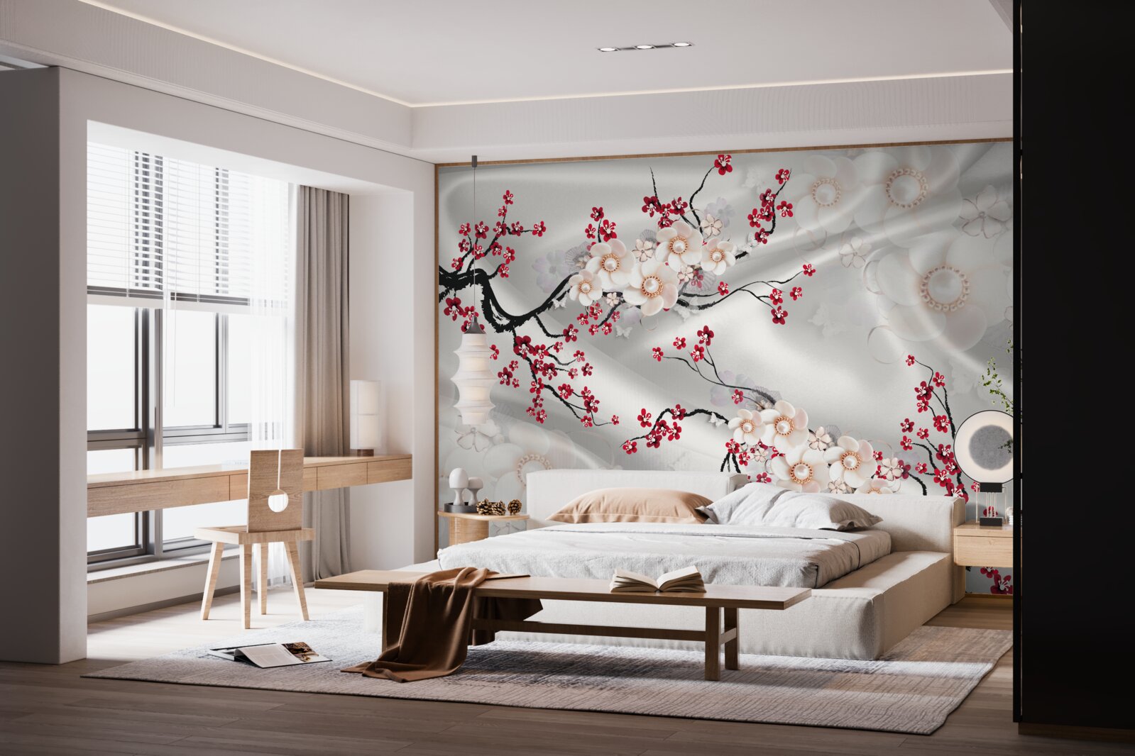 Fototapet flori au înflorit pe ramurile sakura roșii