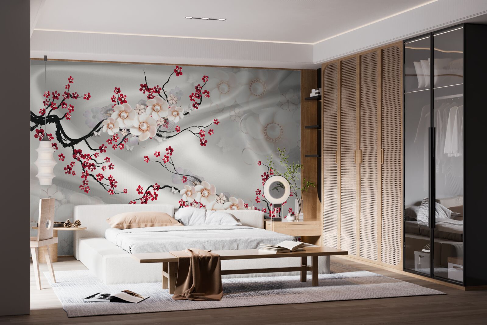 Fototapet flori au înflorit pe ramurile sakura roșii