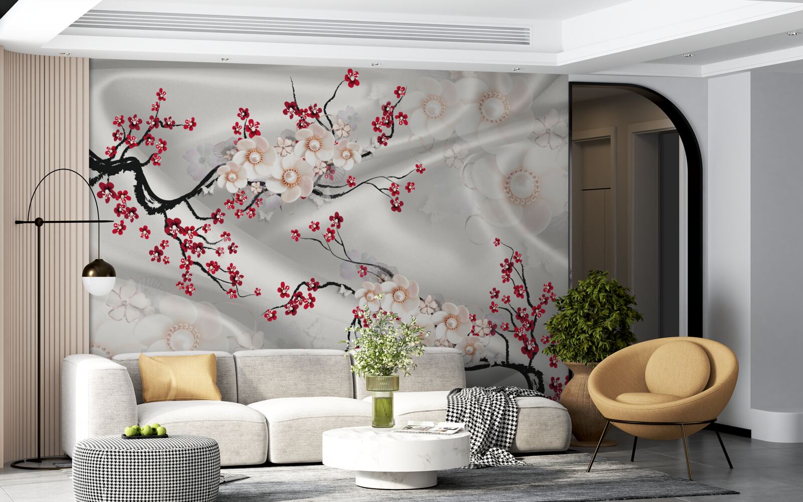 Fototapet flori au înflorit pe ramurile sakura roșii