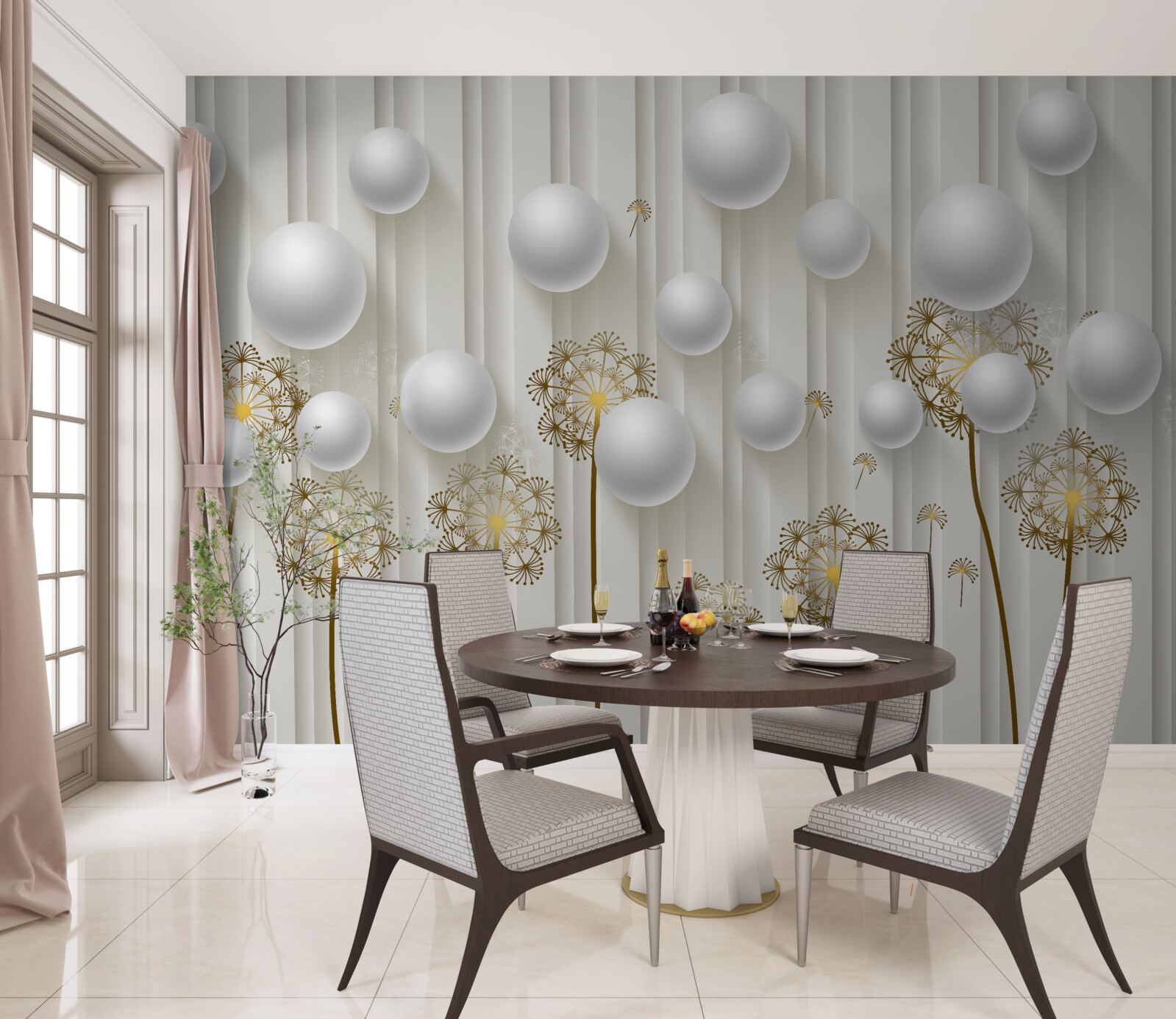 Fototapet mugurii aurii și perlele albe plutesc în aer