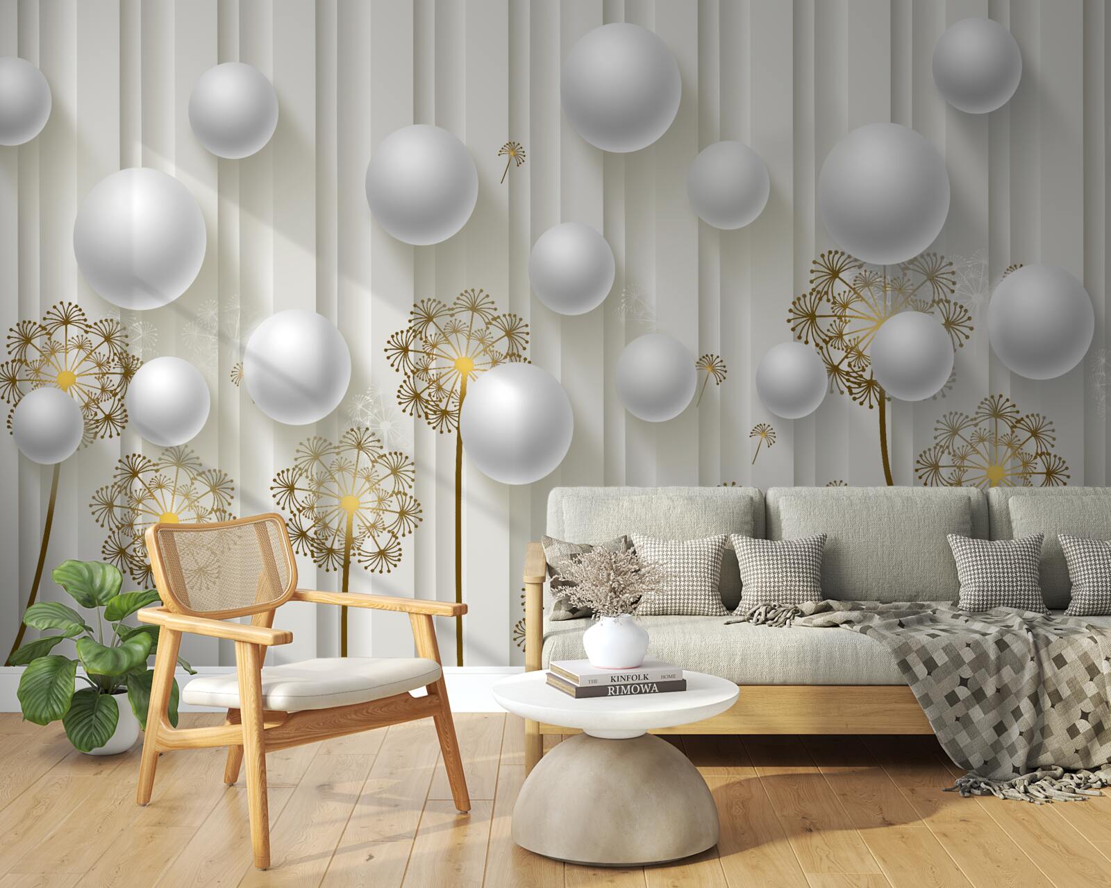 Fototapet mugurii aurii și perlele albe plutesc în aer