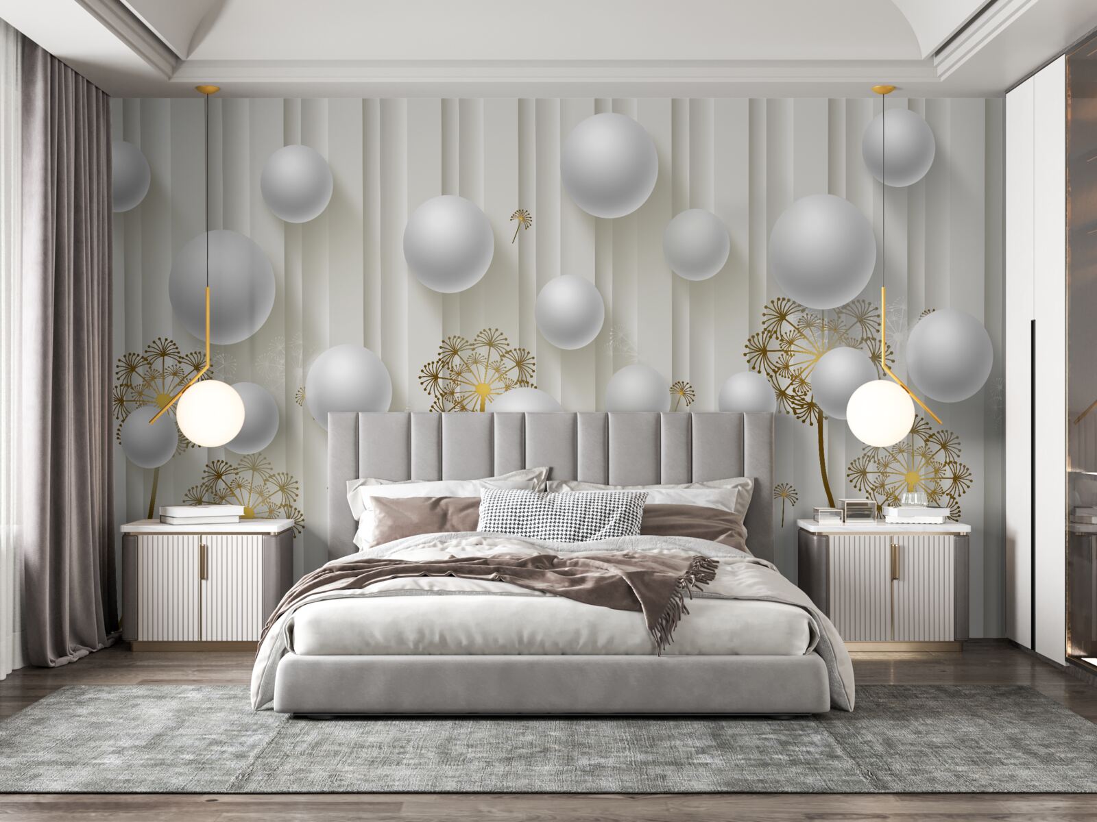 Fototapet mugurii aurii și perlele albe plutesc în aer