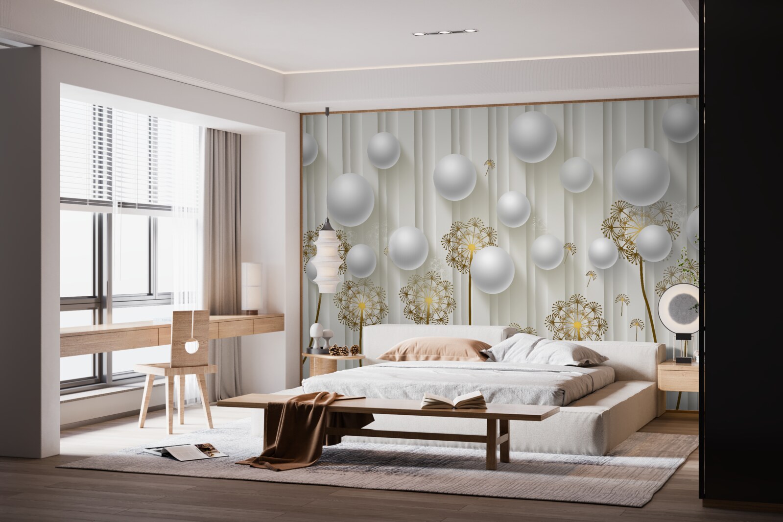 Fototapet mugurii aurii și perlele albe plutesc în aer