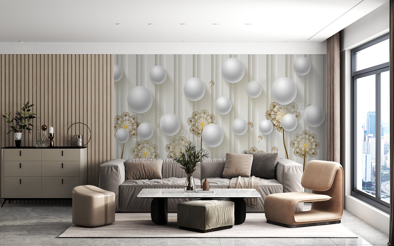 Fototapet mugurii aurii și perlele albe plutesc în aer