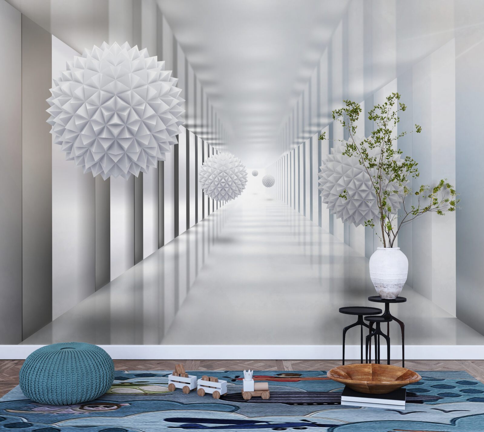 Fototapet tunel dreptunghiular și sferă în perspectivă de adâncime