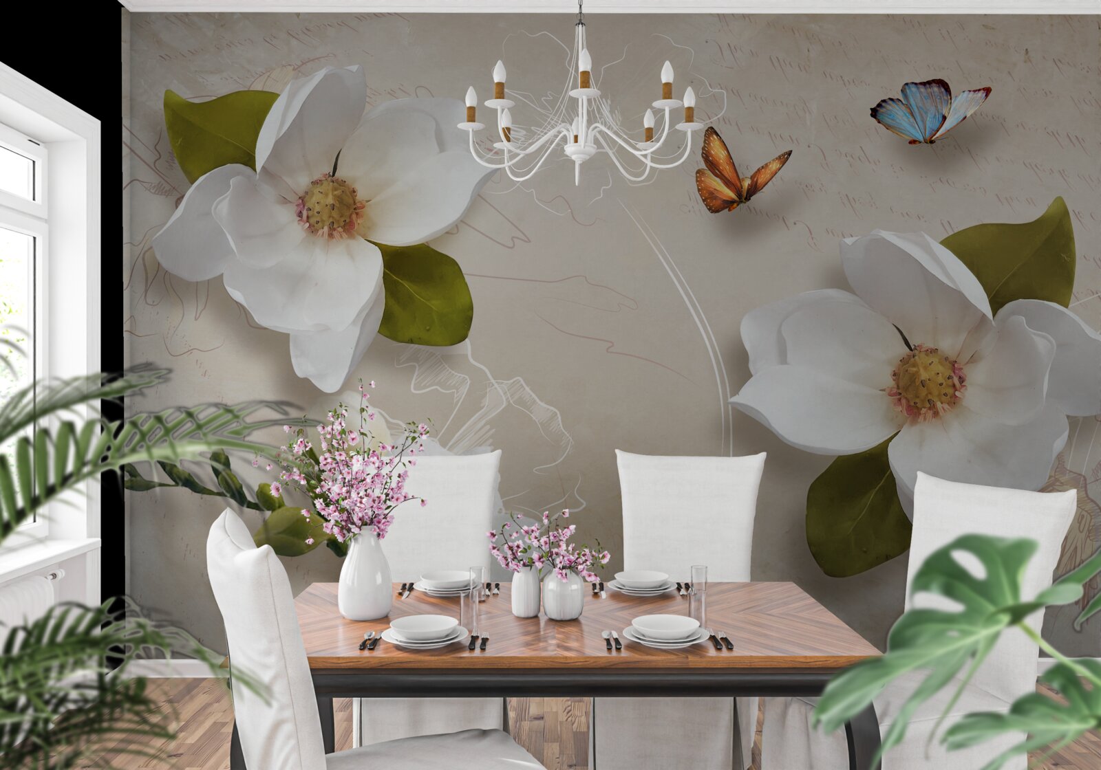 Fototapet lotusurile de vară sunt albe și decorate cu fluturi