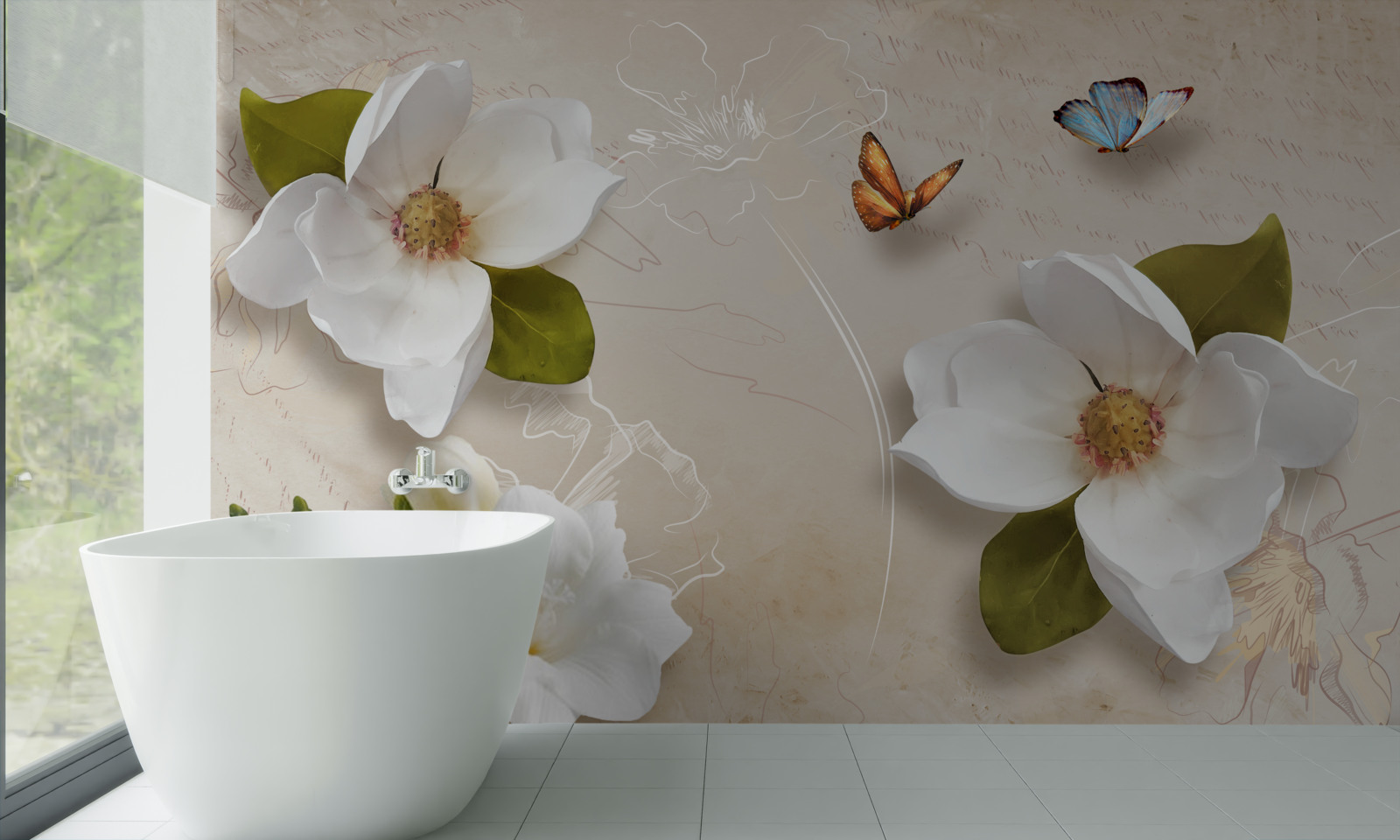Fototapet lotusurile de vară sunt albe și decorate cu fluturi