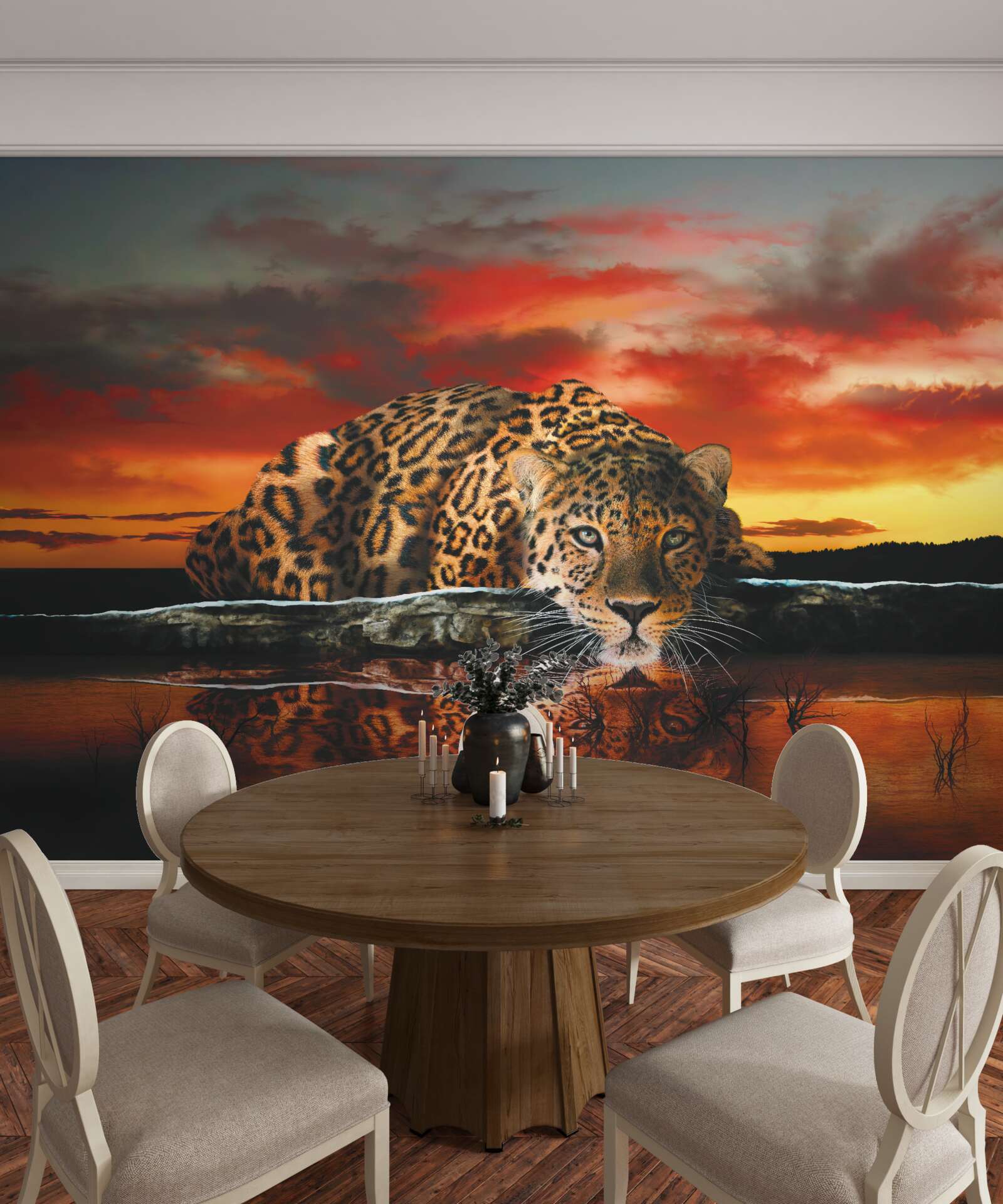 Fototapet imprimeu leopard pe un fundal de apus de soare