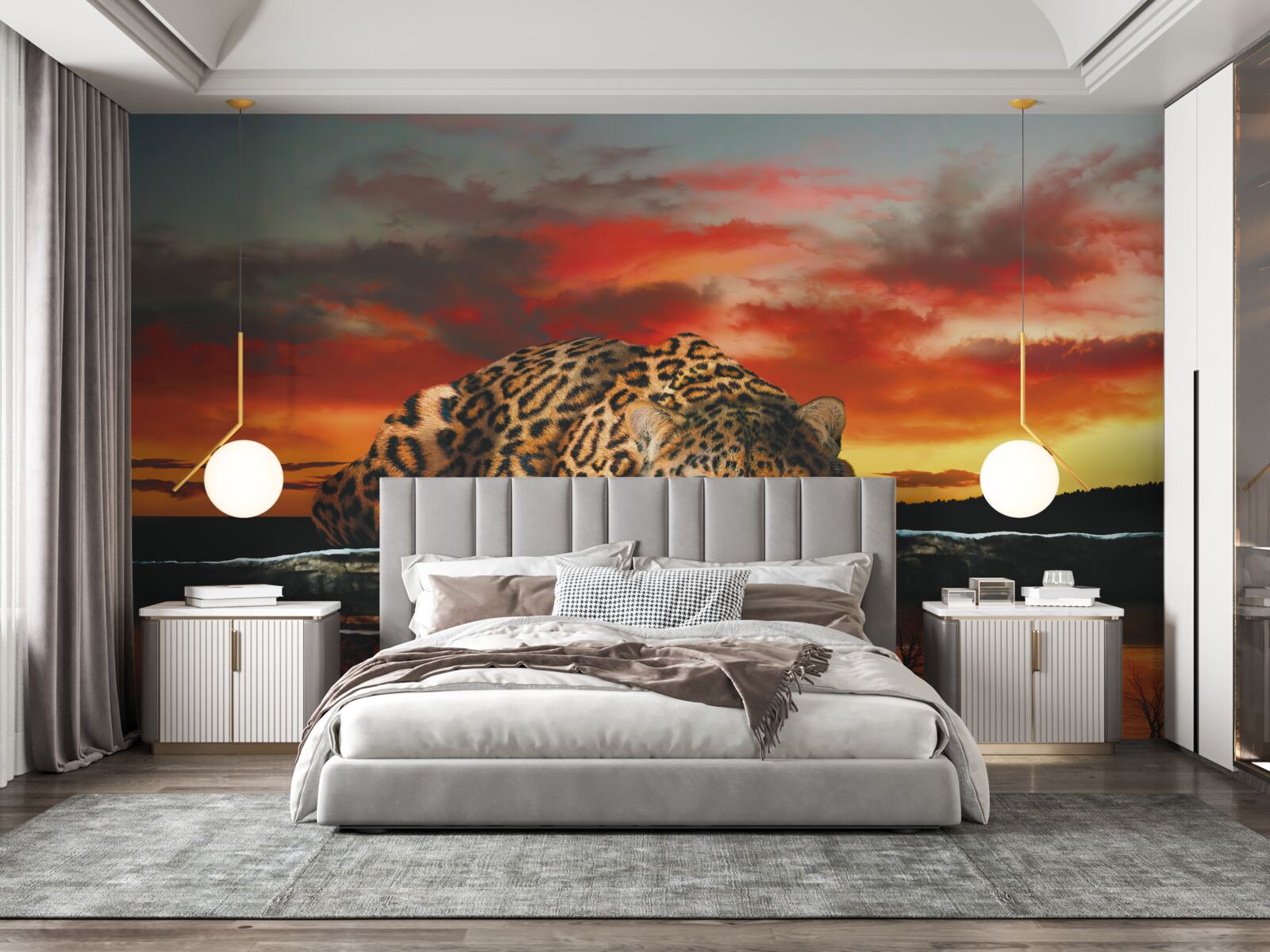 Fototapet imprimeu leopard pe un fundal de apus de soare