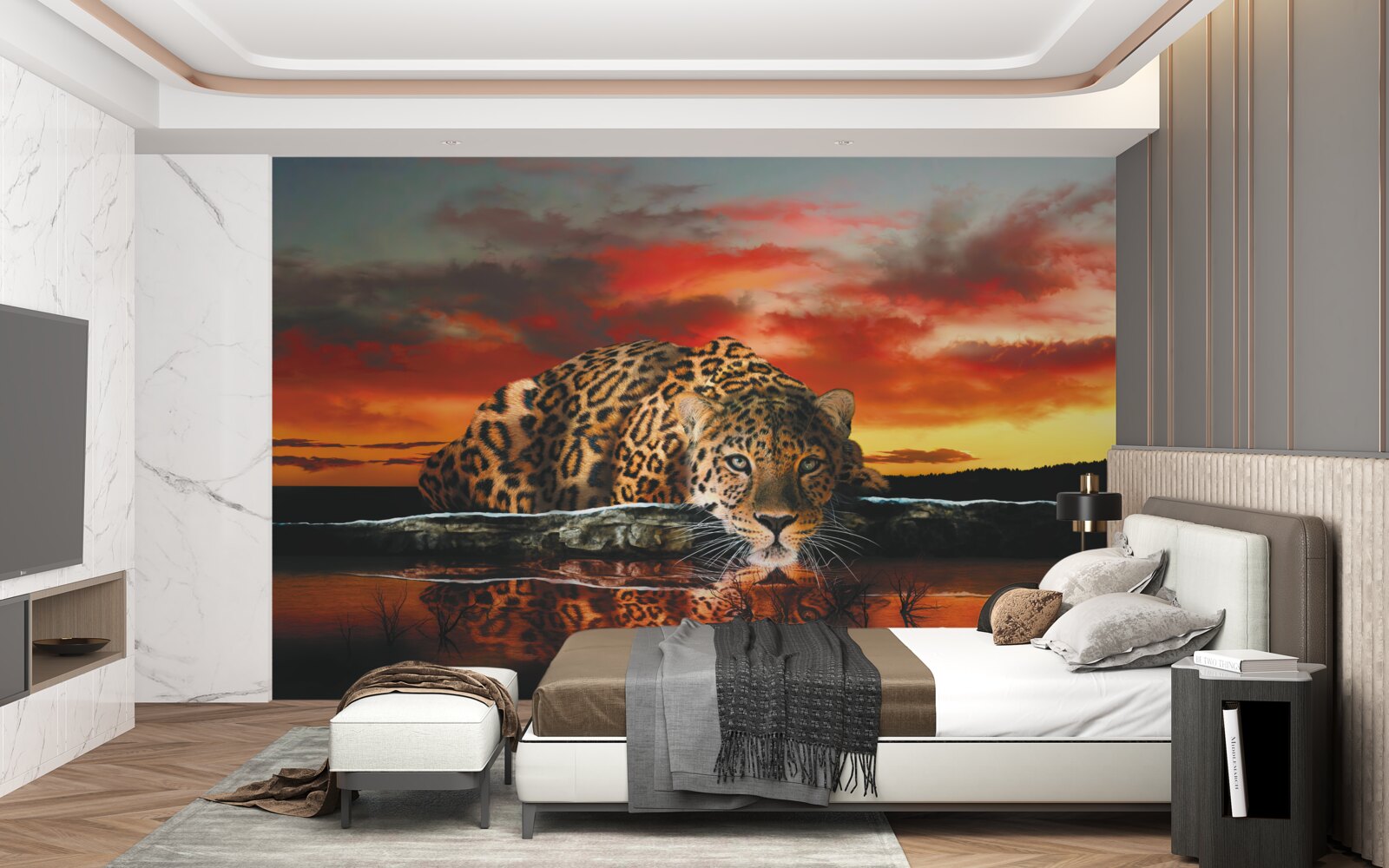 Fototapet imprimeu leopard pe un fundal de apus de soare