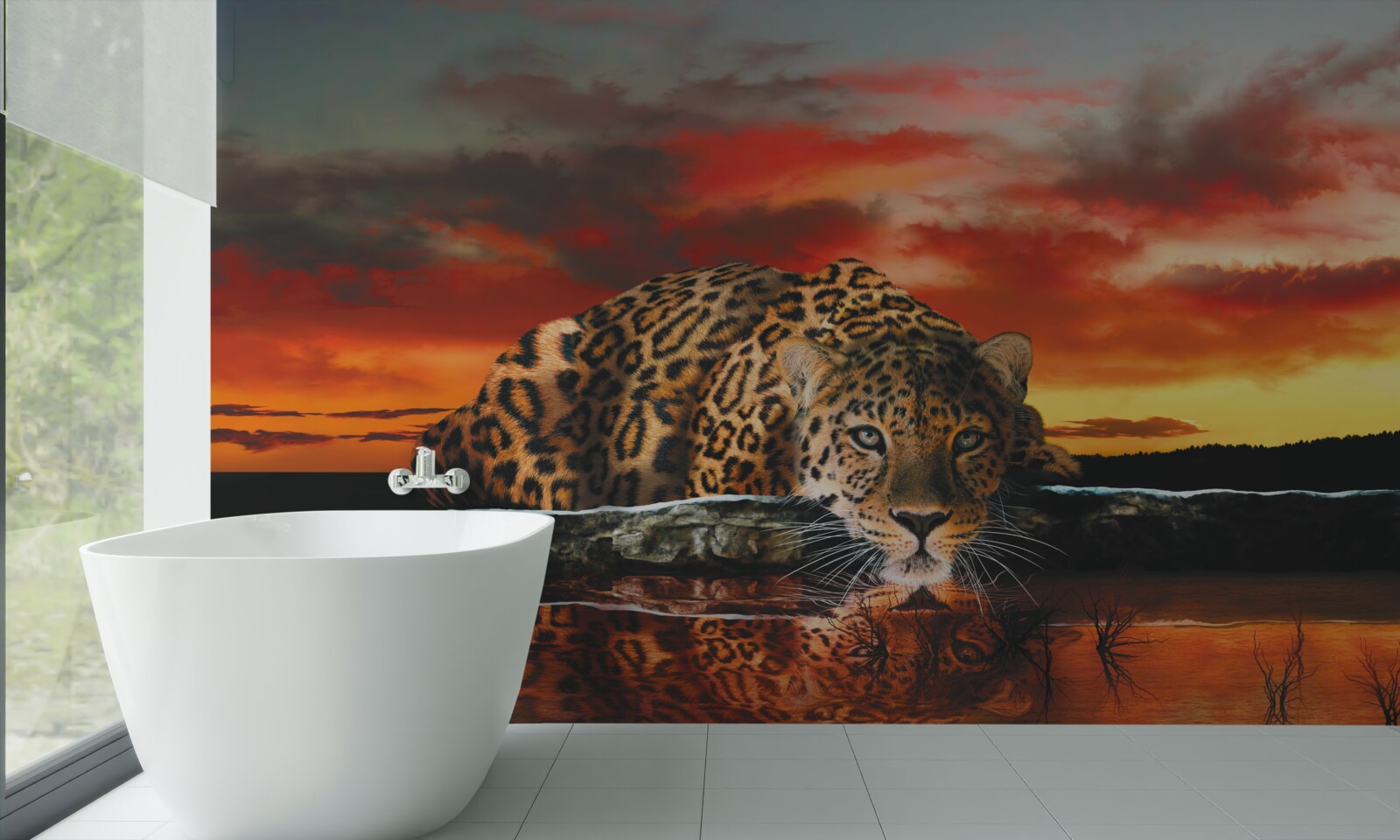 Fototapet imprimeu leopard pe un fundal de apus de soare