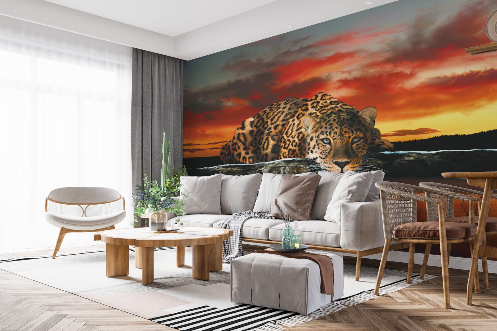 Fototapet imprimeu leopard pe un fundal de apus de soare