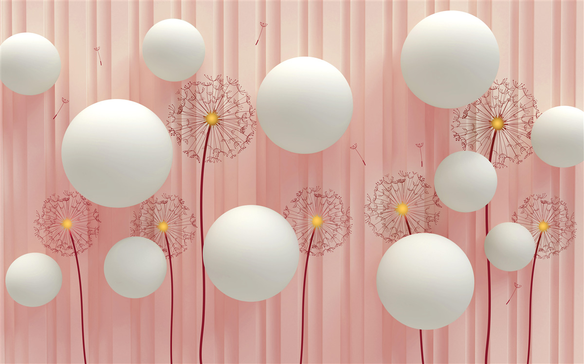 Fototapet păpădii elegante și bile albe ca zăpada pe un fundal roz