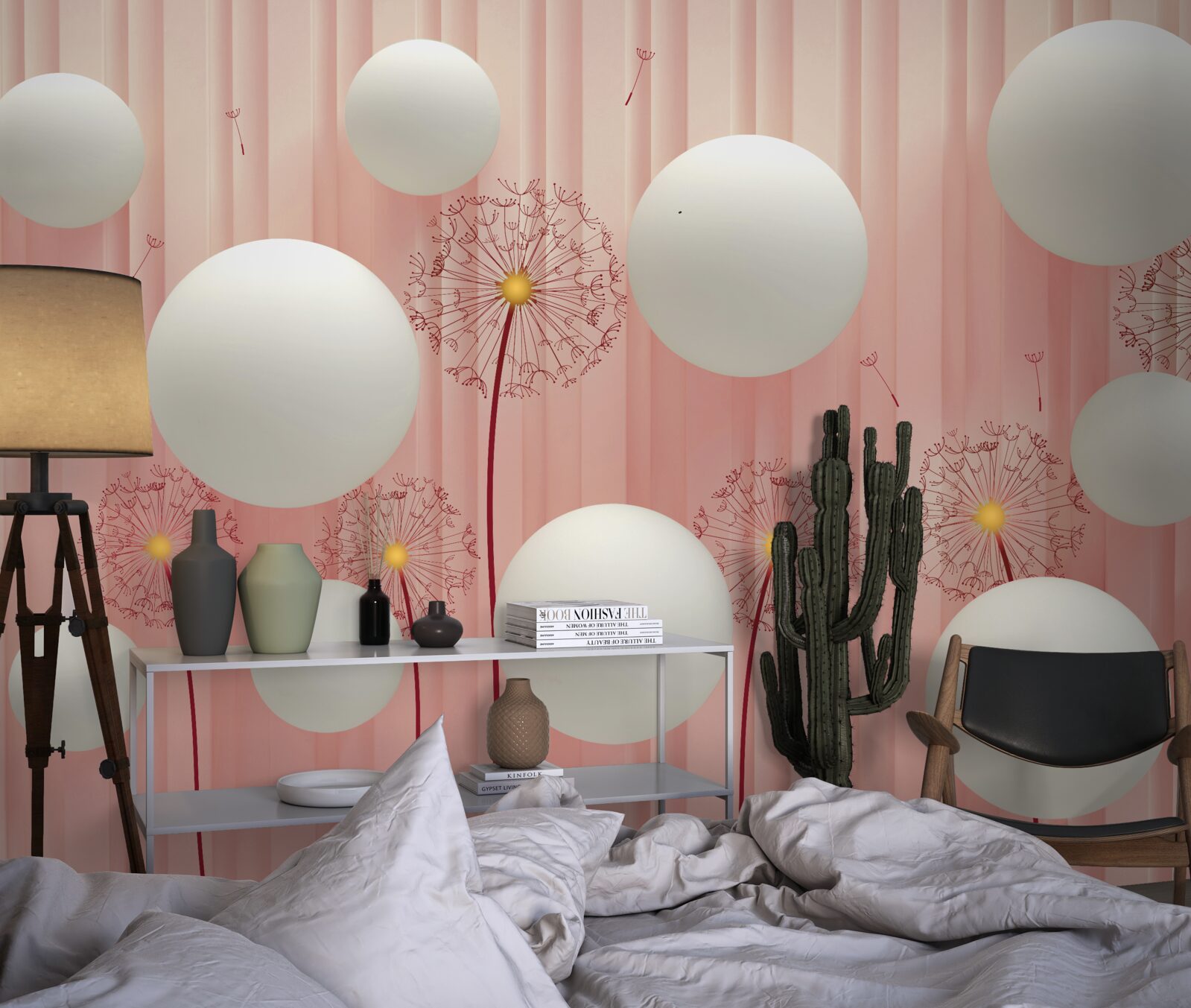 Fototapet păpădii elegante și bile albe ca zăpada pe un fundal roz