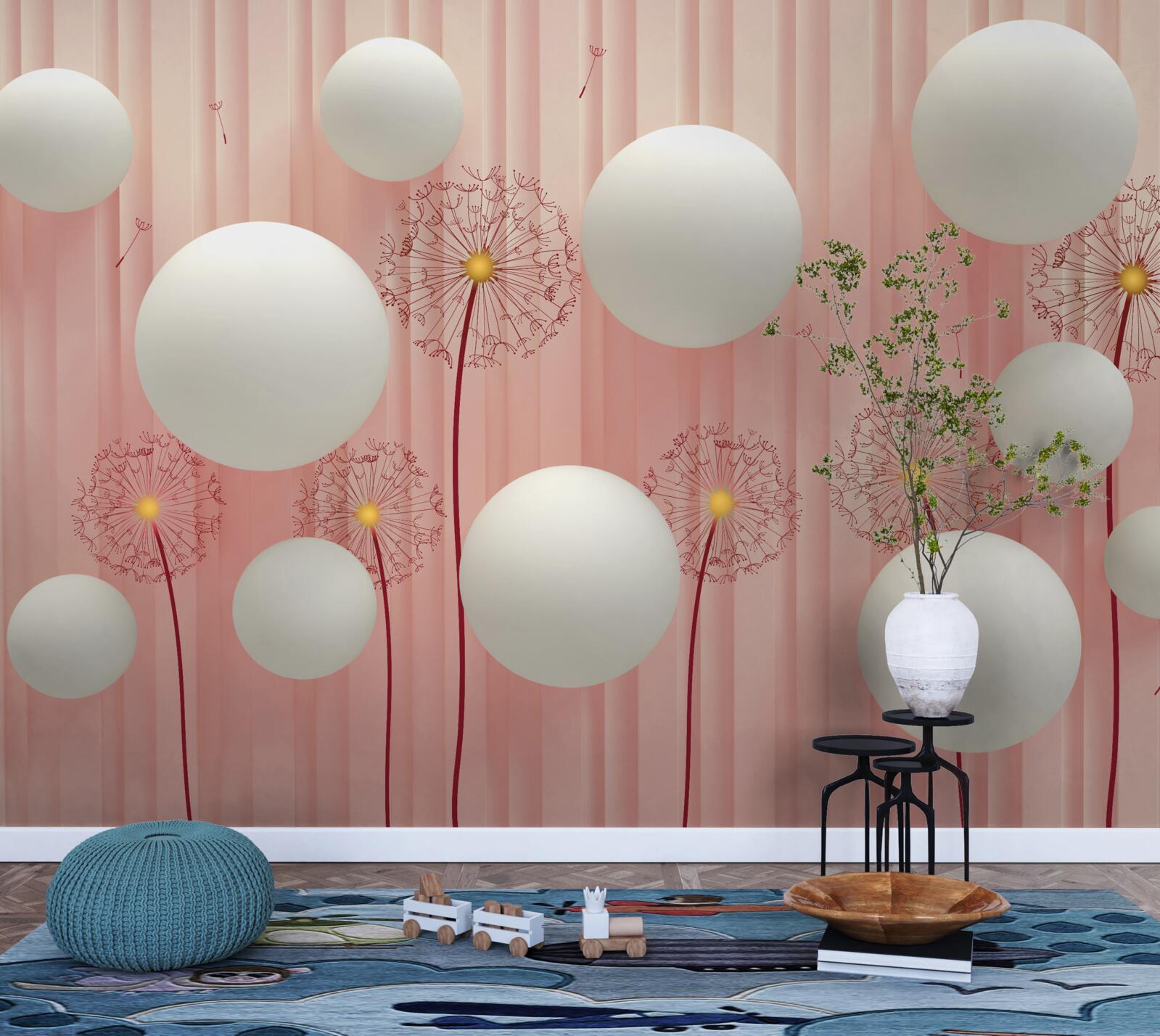 Fototapet păpădii elegante și bile albe ca zăpada pe un fundal roz