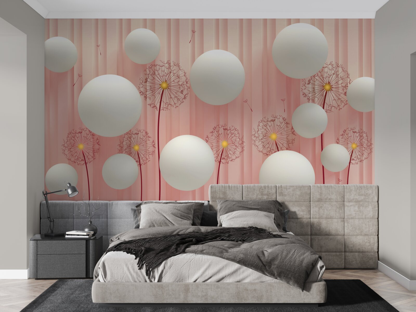 Fototapet păpădii elegante și bile albe ca zăpada pe un fundal roz