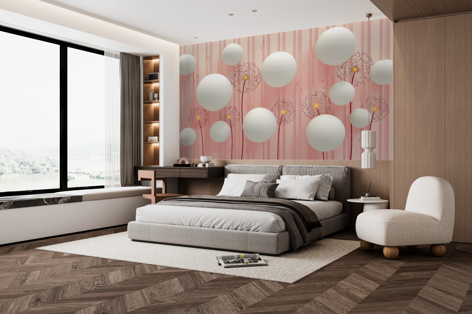 Fototapet păpădii elegante și bile albe ca zăpada pe un fundal roz